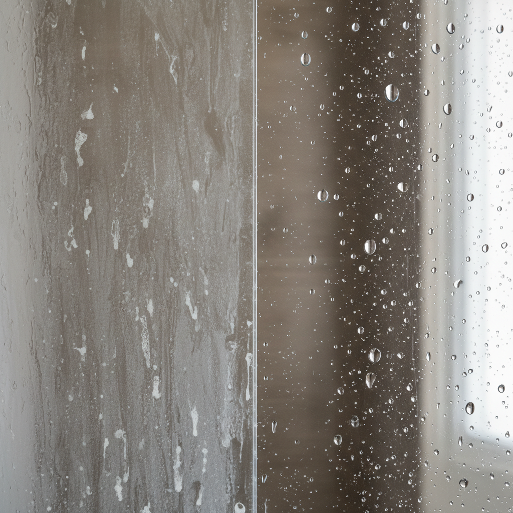 A professional, high-angle close-up photo visually contrasting two sections of a smooth household surface. One section depicts a dull, water-stained, and slightly grimy area (e.g., a glass shower door or a bathroom tile), showing visible limescale or soap scum. Adjacent to it, the other section is immaculately clean, brilliantly shiny, and reflective. On this clean section, clear water droplets are distinctly beading up and rolling off, illustrating the water-repellent and streak-free effect of the rinse aid, highlighting the 'before and after' transformation and the protective layer it creates.