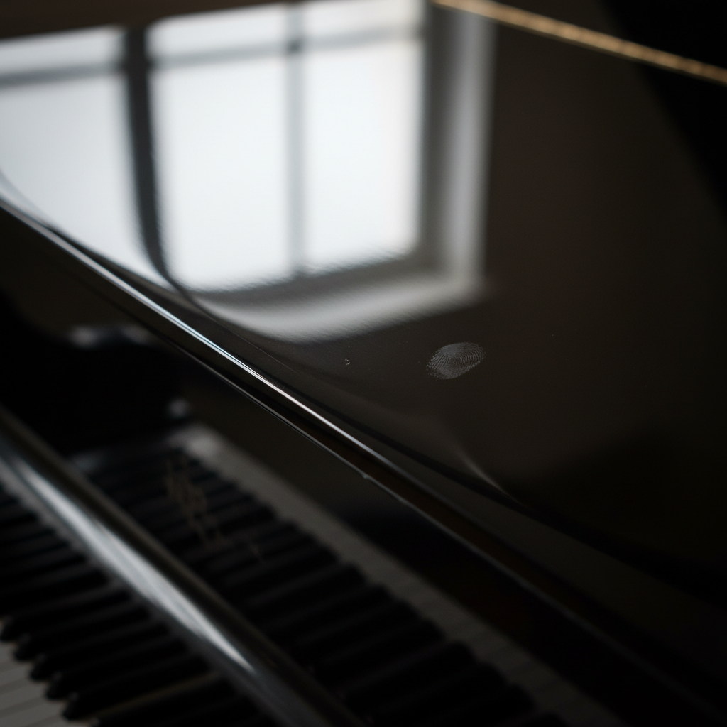 A close-up, high-detail professional photo focusing on the deep, reflective black surface of a piano lacquer. The surface should be so mirror-like that it subtly reflects a soft, diffused light source from above. A single, tiny, almost imperceptible dust particle or a very faint, delicate fingerprint smudge should be visible on the otherwise pristine surface, subtly highlighting its vulnerability. The composition should convey elegance and the delicate nature of the finish, emphasizing the need for careful handling and cleaning. The image should evoke a sense of luxury combined with a hint of fragility.