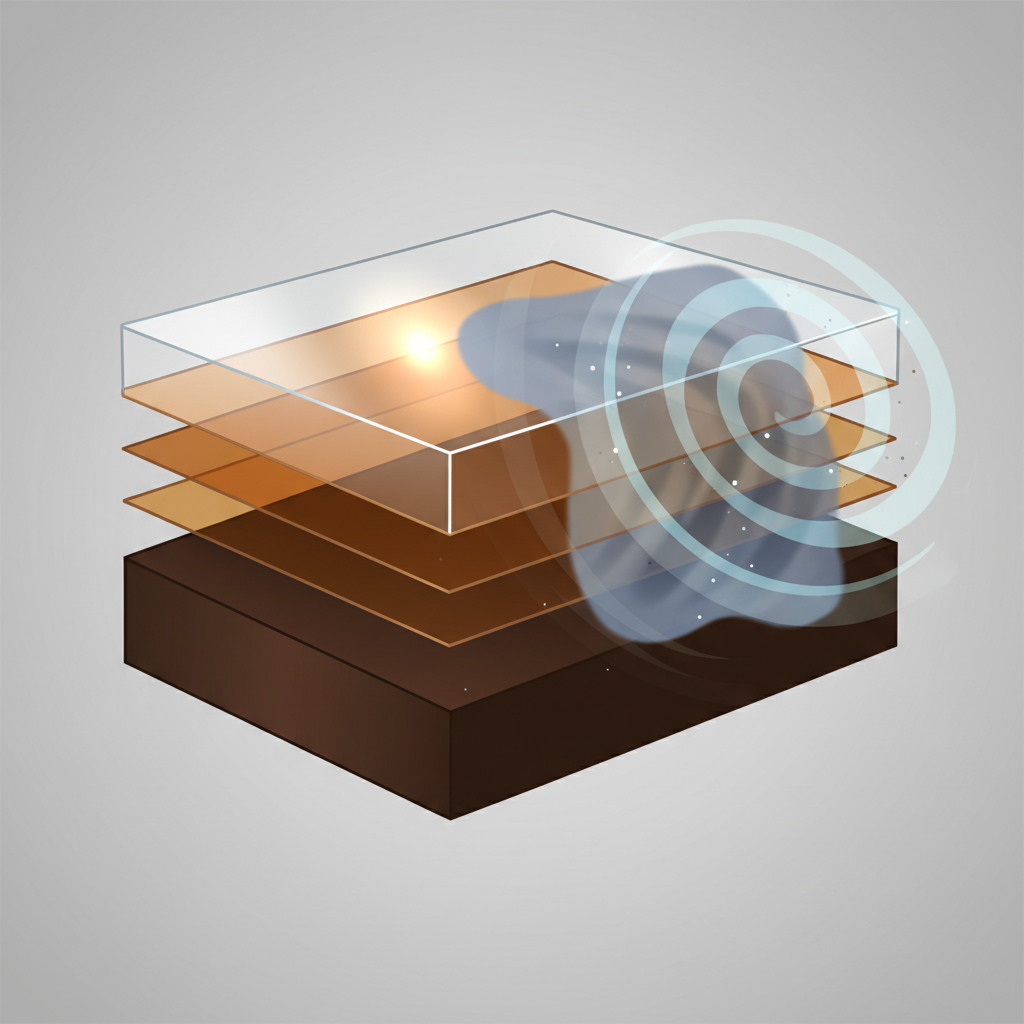A stylized, infographic-style illustration depicting the multi-layered structure of piano lacquer. Show a cross-section of a surface with several distinct, thin layers (e.g., a dark base layer, multiple translucent middle layers, and a highly polished, reflective top layer). On one side, represent the final, perfectly polished, gleaming surface. On the other side of the cross-section, depict the action of gentle cleaning, perhaps with abstract, soft circular motions and a blurred outline of a microfiber cloth, symbolizing the careful polishing process that achieves the deep, mirror-like shine.