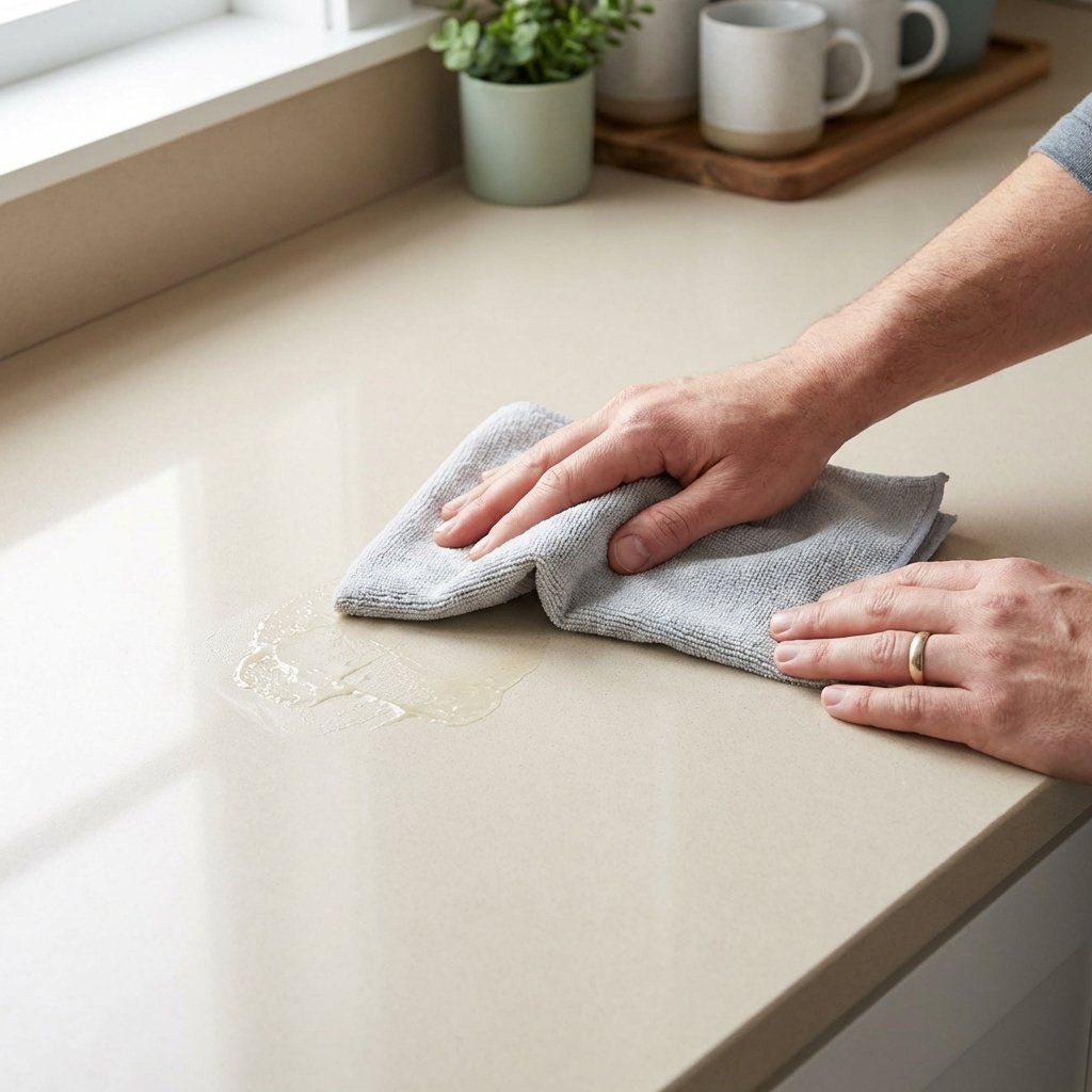 A close-up, high-angle professional photo showing hands in the process of removing a sticky glue residue from a sleek, light-colored kitchen countertop. One hand holds a soft, slightly damp cloth, gently wiping away a semi-transparent, gooey stain. The surface beneath the stain should appear clean and smooth, contrasting with the tacky area. The background is softly blurred, suggesting a clean home environment. The focus is on the precise action of cleaning and the textures of the cloth, glue, and counter. The lighting is bright and natural.