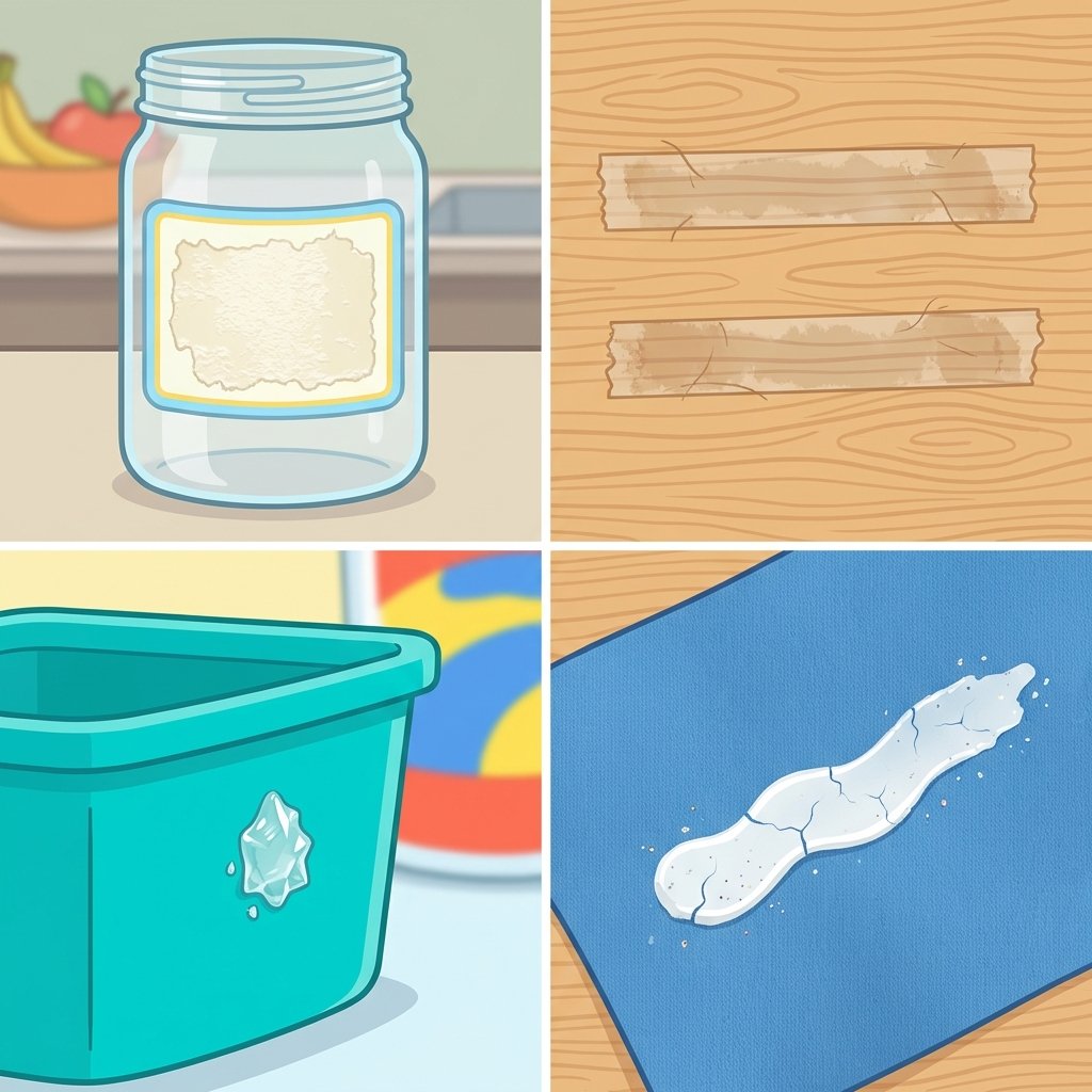 A vibrant, clean flat illustration depicting a collection of different glue stains on various common household surfaces. One section shows a sticky label residue on a clear glass jar, another features tape residue on a light wooden surface, and a third illustrates a small, hardened blob of super glue on a plastic container. Each vignette is distinct but unified by a consistent illustration style. The overall composition should be organized and easy to understand, visually representing the diversity of glue problems without using any words or labels.