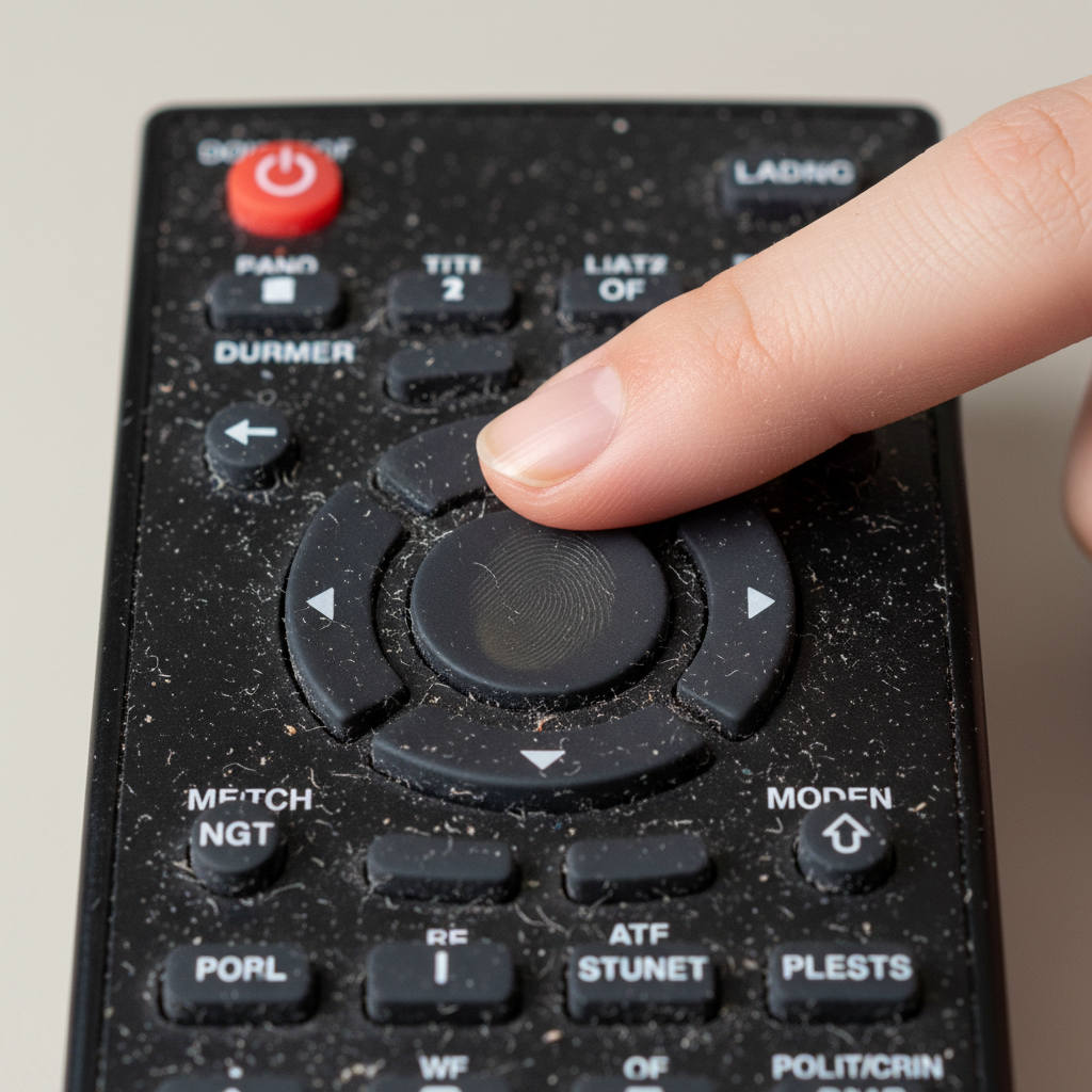 A close-up, professional product photograph showing a common electronic device, such as an old computer mouse or a television remote control. The black rubberized surface of the device should clearly exhibit a sticky, glossy sheen and attract visible dust particles and lint, indicating its degraded state. A human finger is delicately touching the surface, leaving a subtle, slightly smudged mark to emphasize the klebrigkeit. The background is clean and softly blurred, keeping the focus entirely on the problematic texture of the rubber. The lighting is bright and even, highlighting the unwanted shine and accumulated dirt.