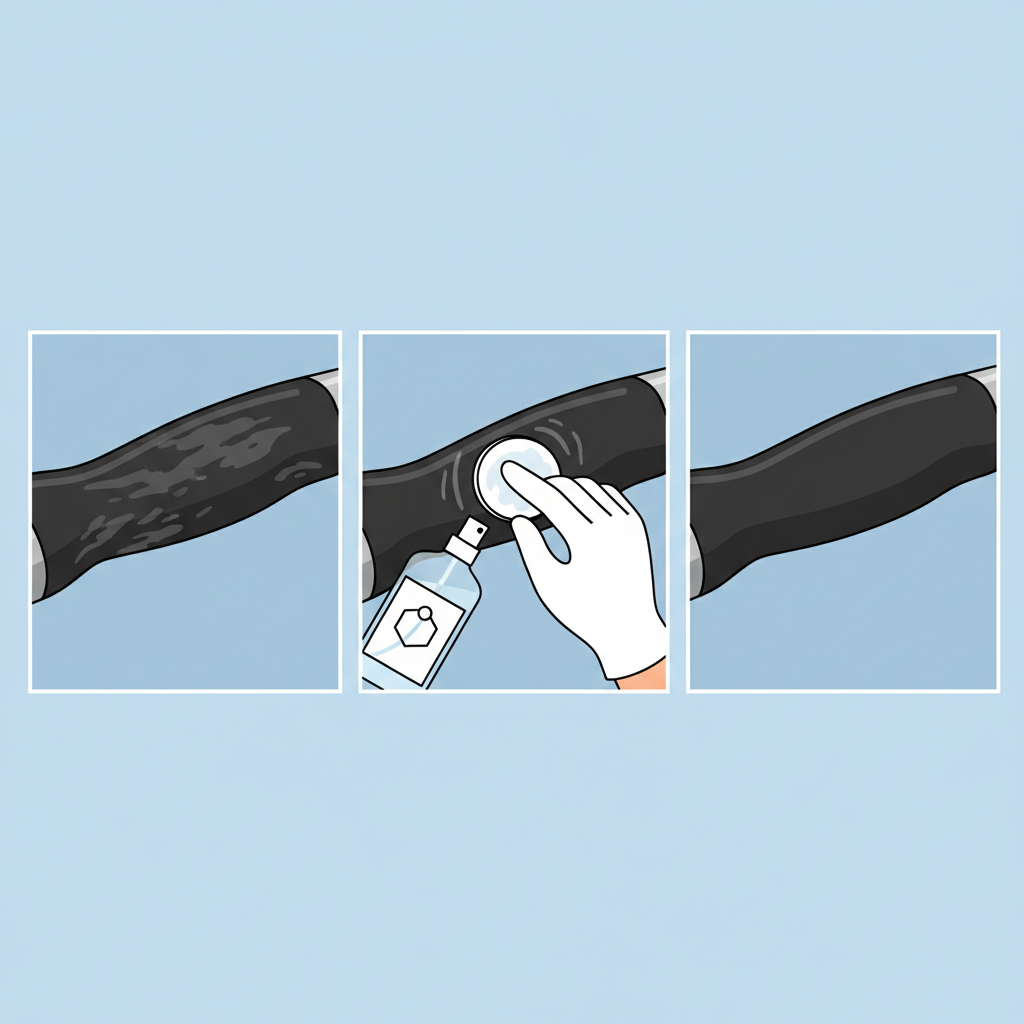 A clean, flat illustration depicting the process of cleaning a sticky rubberized surface. On the left, a section of an object (e.g., a hand tool handle or a controller grip) is shown with a visibly sticky, dull, and dirty texture. In the center, a hand wearing a white glove is gently wiping the surface with a cotton pad soaked in a transparent liquid from a generic bottle (representing isopropyl alcohol). On the right, the same section of the object appears restored, with a smooth, clean, matte finish, free from stickiness or dirt. The background is a simple, light color, emphasizing the transformation. The overall style is modern and infographic-like, using a limited color palette for clarity.