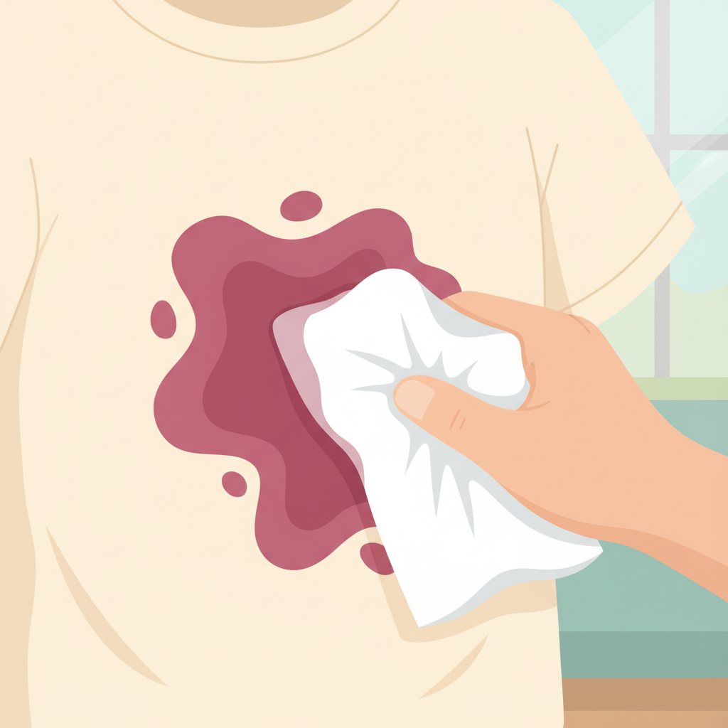 A close-up view of a light-colored fabric, such as a white cotton shirt, with a fresh, abstract liquid stain (e.g., a reddish-purple splotch). A clean, gentle hand is shown carefully dabbing the edge of the stain with a pristine white paper towel or a soft cloth, demonstrating the act of absorption rather than rubbing. The background is softly blurred, hinting at a cozy home environment. Style: Clean, minimalist flat illustration with a focus on clear shapes and a soft, inviting color palette.