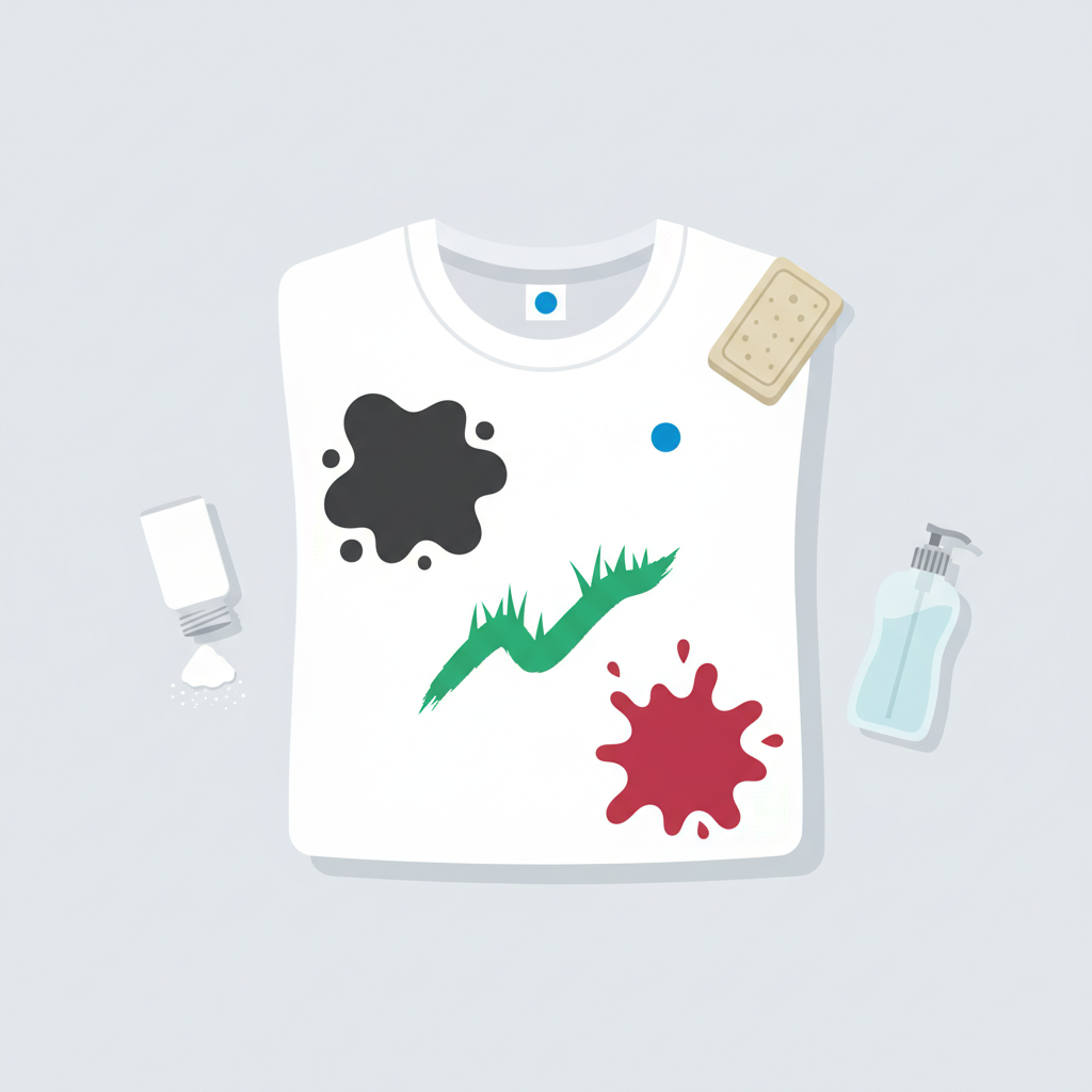 A stylized depiction of a piece of clothing, like a folded white t-shirt, laid flat on a clean, light surface. Various distinct, abstract stain shapes are integrated onto the fabric: a dark grey blob for a grease stain, a red splash for wine, a green streak for grass, and a small blue dot for ink. Around these stains, small, iconic representations of common remedies are strategically placed: a shaker of white powder (cornstarch/baby powder), a bottle of clear dish soap, and a beige bar of gall soap. Style: Modern, vibrant flat illustration with clear distinctions between the stain types and remedies, using a bright, professional aesthetic.