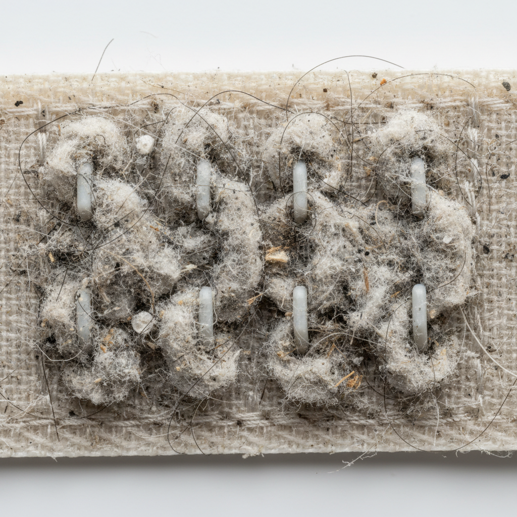 A macro photograph of a dirty hook-and-loop fastener (Klettverschluss). The image focuses tightly on the intermeshed hooks and loops, clearly showing an accumulation of lint, hair strands, and small dust particles embedded within the fabric. The debris visibly prevents the hooks from properly gripping the loops, making the connection appear weak and ineffective. Some hooks seem clogged or bent by the foreign material, emphasizing the loss of adhesion. The lighting is bright and even, highlighting the intricate texture of the fastener and the trapped dirt. Professional macro photography style.