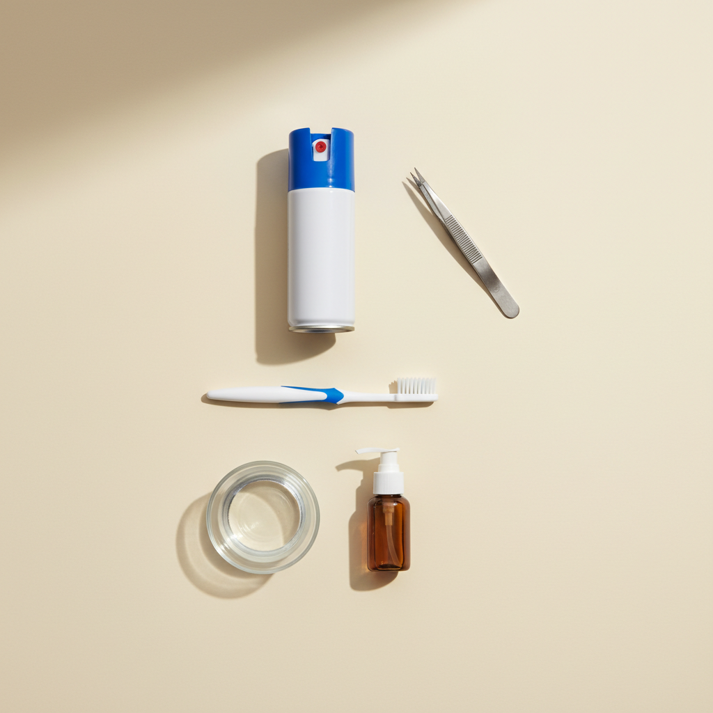 A clean and organized flat lay photograph showcasing the essential tools for cleaning a hook-and-loop fastener. Neatly arranged on a light, neutral background are a stiff-bristled toothbrush, a pair of sharp-tipped tweezers, and a canister of compressed air spray. A small, clear glass bowl of water and a bottle of mild liquid detergent are also present, suggesting readiness. The items are thoughtfully spaced, conveying a sense of preparation and efficiency. The lighting is soft and natural, creating a bright, inviting, and professional aesthetic suitable for a DIY guide.