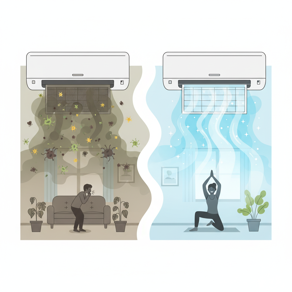 An infographic-style illustration depicting a split scene. On one side, a visibly dirty air conditioner filter is shown, with microscopic dust, pollen, and mold spores escaping into a household environment, represented by hazy, unpleasant air. On the other side, a sparkling clean air conditioner filter allows a free flow of fresh, clean, and radiant air into a bright, healthy living space. The contrast clearly emphasizes improved indoor air quality and efficiency.