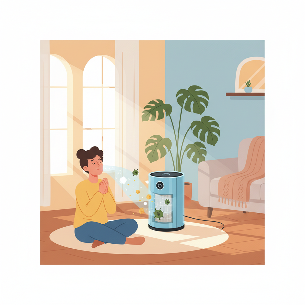A warm, inviting flat illustration focusing on indoor air quality. In the foreground, a comfortable, smiling person (adult or child) is shown breathing deeply in a bright, airy room. Subtly integrated into the background or side, a stylized air filter is depicted actively trapping various common airborne particles like dust mites, pollen grains, and microscopic mold spores, preventing them from entering the living space. The overall mood is one of comfort and well-being.