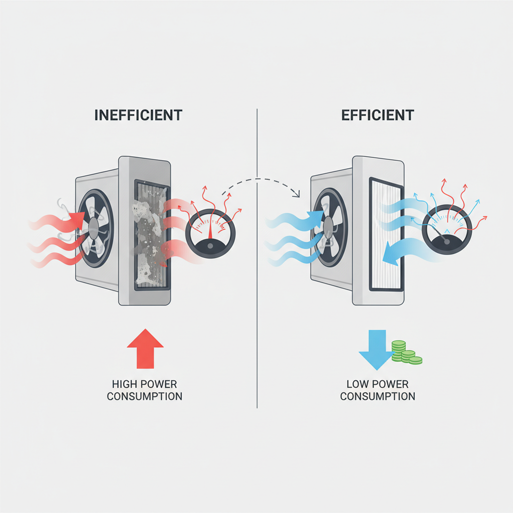 A clean, modern diagrammatic illustration demonstrating energy efficiency. On one side, a simplified air conditioning unit is struggling, indicated by a visibly clogged, dusty filter and an exaggerated, straining fan symbol, with high energy consumption represented by an overflowing power meter. On the other side, the same unit operates smoothly with a pristine, clean filter, showing effortless airflow and a significantly lower reading on the energy meter, subtly suggesting cost savings. The focus is on the impact of filter cleanliness on energy use.