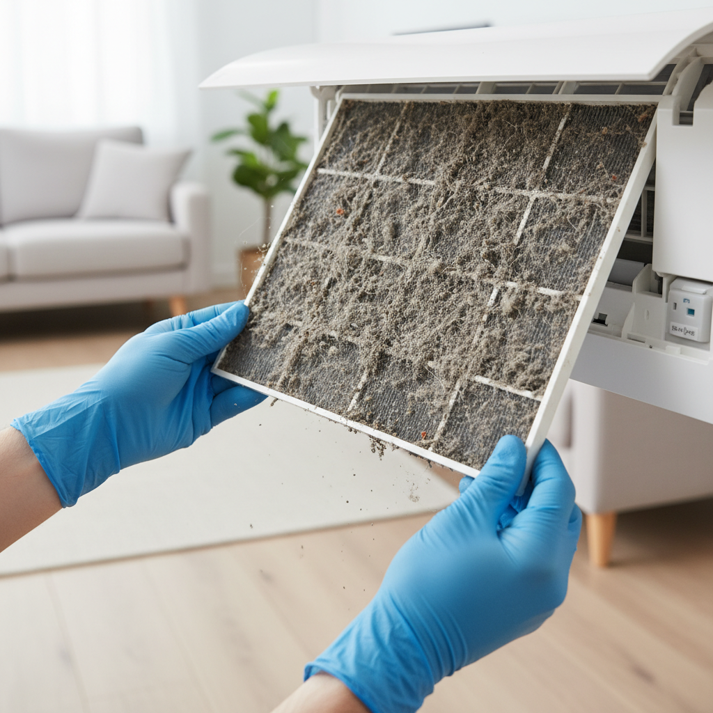 A professional, well-lit photo from a slightly elevated angle. A pair of hands, possibly wearing gloves, are carefully pulling out a significantly dirty and dusty air filter from an indoor wall-mounted air conditioning unit. The filter's surface is visibly caked with greyish grime and lint, clearly indicating a need for cleaning. The background is a blurred but recognizable modern home interior, suggesting a DIY maintenance task. The focus is on the dirty filter being removed.