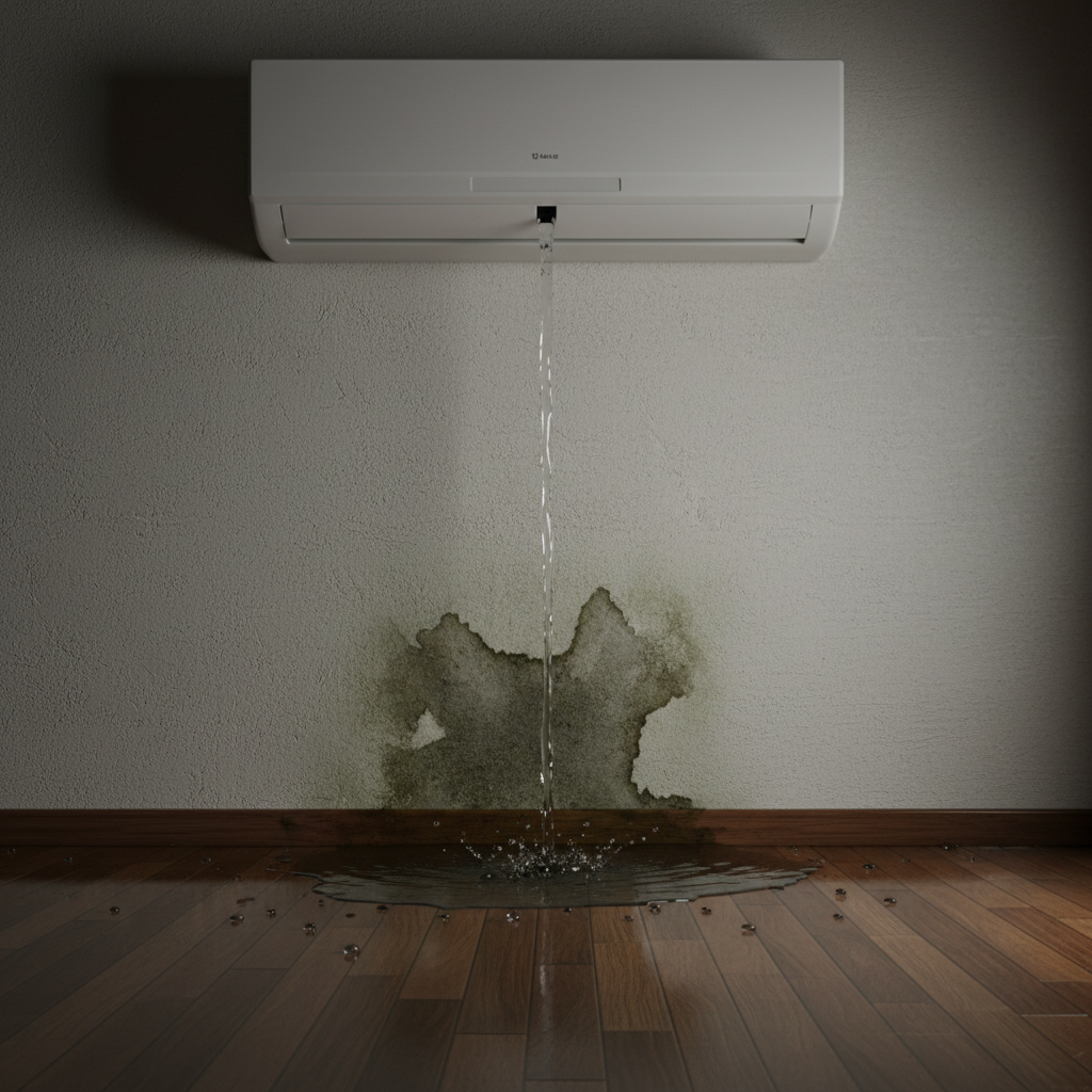 A professional photo from a slightly low angle showing an indoor air conditioning unit mounted on a wall. A visible stream of water is actively dripping from the bottom edge of the unit onto a dark, wet stain on the wall below, expanding into a growing puddle on the wooden floor. The scene conveys a sense of urgency and potential damage, with a subtle hint of moisture or mold on the wall around the puddle.