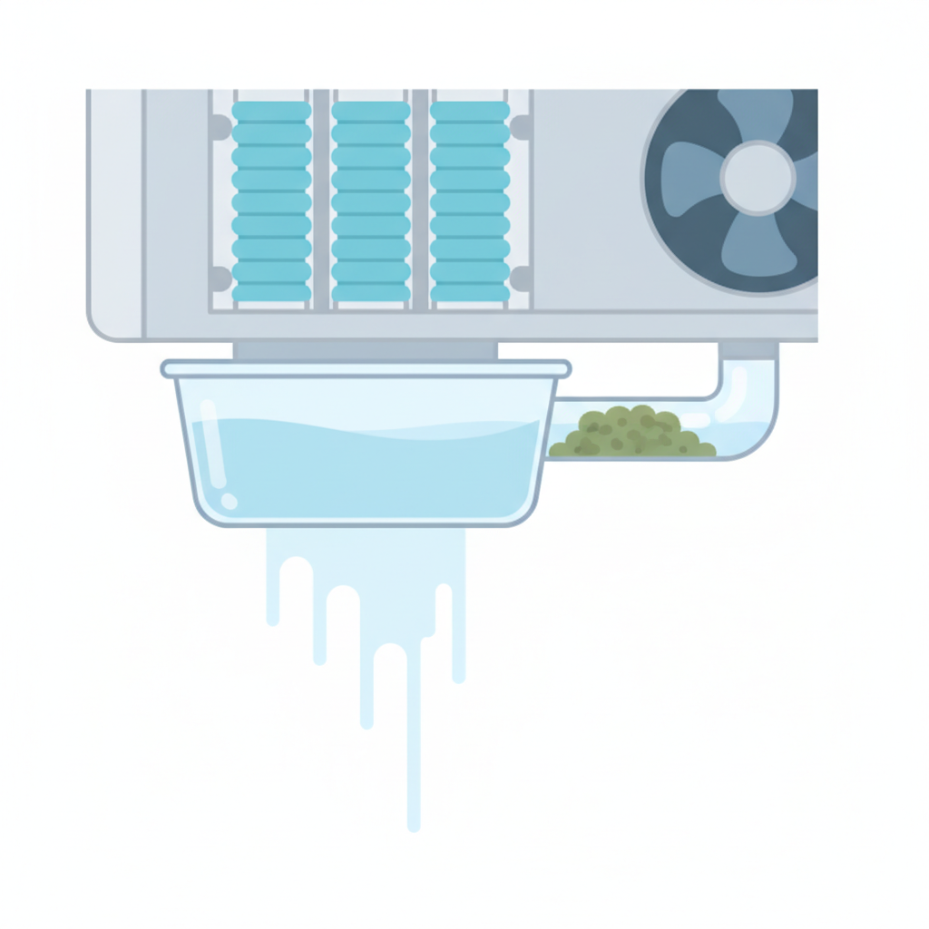 A detailed, clear flat illustration in an infographic style showing a simplified cutaway view of an indoor air conditioning unit. The focus is on the condensate drain system. Clearly depict a transparent drain pan overflowing with water because the thin drain pipe leading out is visibly clogged with a build-up of greenish-brown sludge or algae, preventing proper drainage. Water cascades from the overflowing pan.