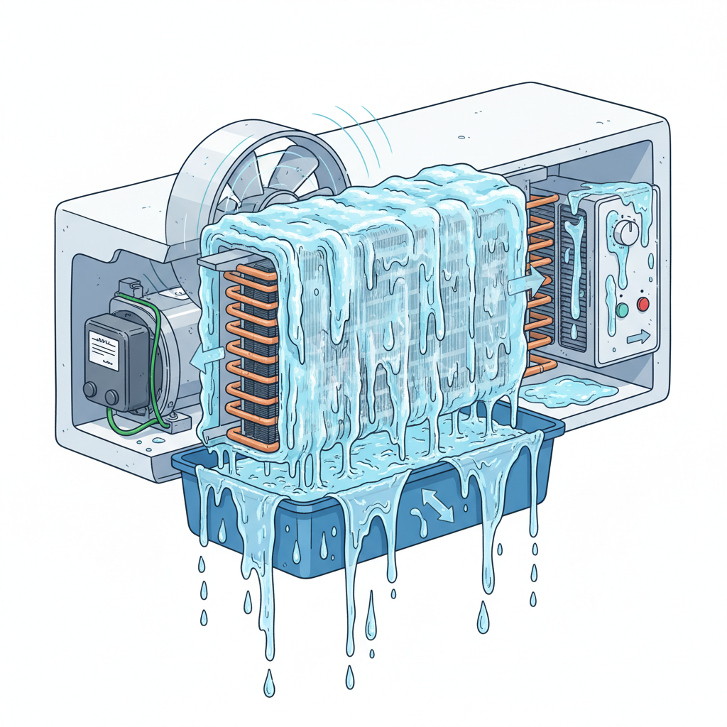 A technical illustration with a stylized cross-section view of the inner workings of an indoor air conditioning unit. The main focus is on the evaporator coil, which is heavily encased in a thick, frosty layer of ice. Melted ice water is visibly dripping excessively from this frozen coil, overwhelming the condensate drip pan below and causing it to overflow dramatically. The surrounding components are visible but secondary.