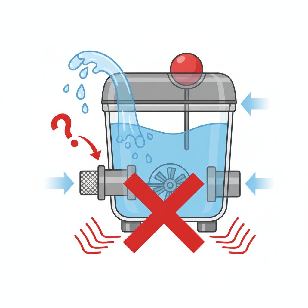 An explanatory, diagrammatic illustration of a small, compact condensate pump often used with AC units. The internal reservoir of the pump is shown completely full, with water overflowing from the top. A visual indicator suggests a malfunction, such as a clogged inlet, a stuck float switch, or a non-spinning impeller within the pump, clearly indicating it's not effectively moving the accumulated water away.