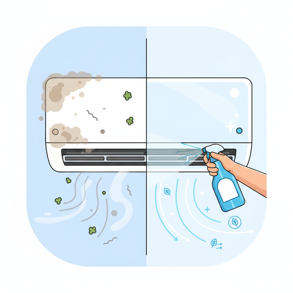 A vibrant, modern flat illustration depicting a split-system indoor air conditioning unit. On the left side, the unit's vent and coils are visibly dirty, covered in stylized dust motes, grime, and subtle green mold spores, emitting slightly hazy, unpleasant air. On the right side, a hand (gender-neutral) is spraying a cleaning product from a generic, sleek spray bottle onto the now pristine, sparkling clean coils and vent. The right side of the unit radiates fresh, clean air, symbolized by crisp, swirling lines and small, bright airflow icons. The overall image conveys a clear before-and-after transformation through the use of the cleaner.