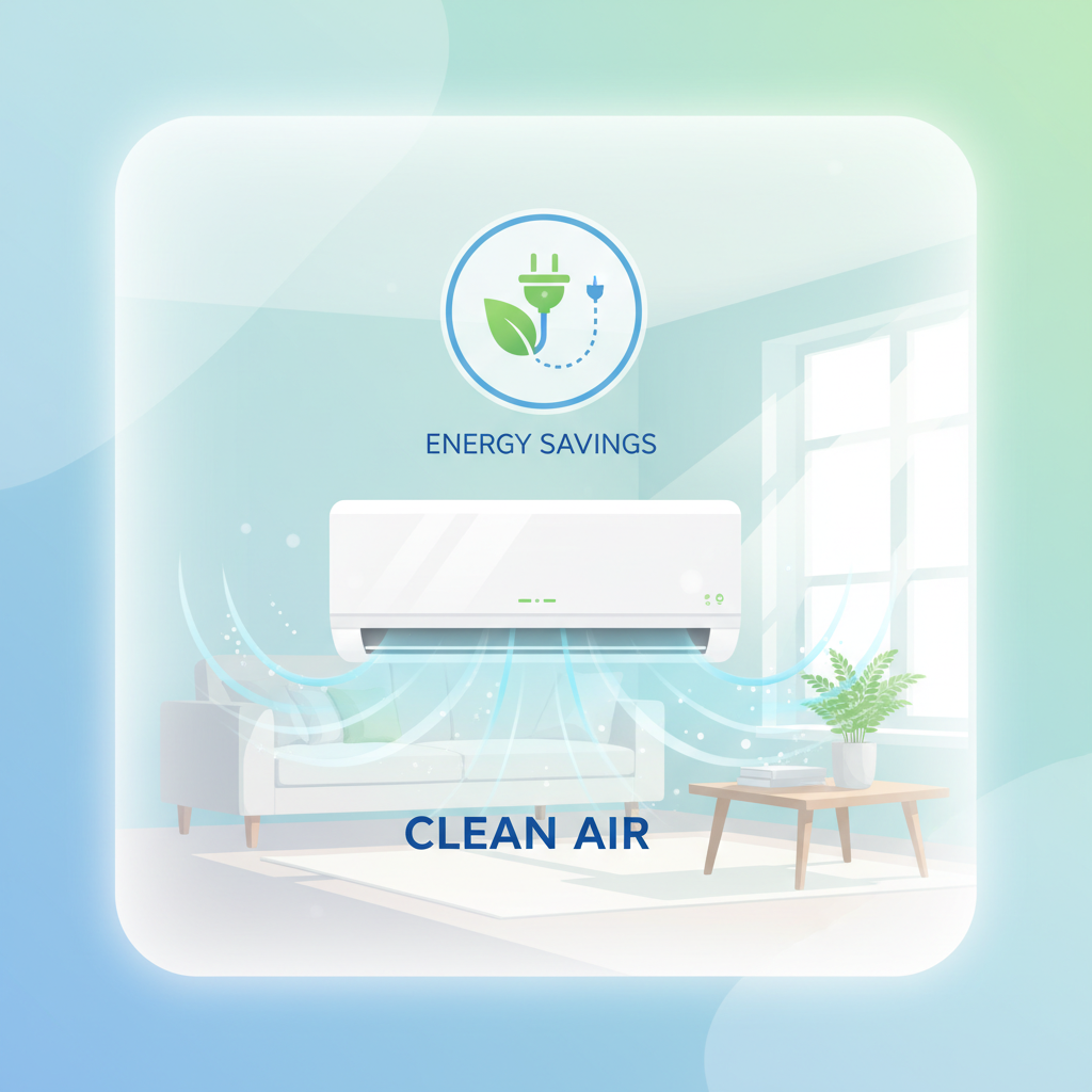 A bright, clean infographic-style illustration showcasing the positive impact of a clean air conditioner on a home environment. In the center, a simplified, well-maintained indoor AC unit is depicted. From the unit, fresh, clean air flows into a living space, represented by an airy, comfortable room with subtle elements like a healthy plant and a sunbeam. Above the unit, a subtle icon or visualization of reduced energy consumption (e.g., a green leaf or a stylized power plug with less current flowing) indicates improved efficiency. The overall composition highlights improved air quality and energy savings.