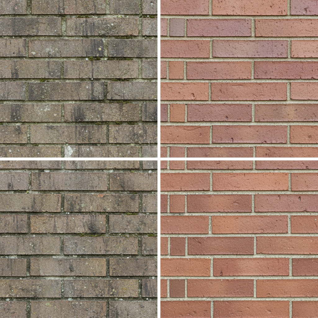 A professional realistic photo of a klinker facade, horizontally split down the middle. The left half depicts the klinker covered in dull grime, green moss, and dirt, looking neglected and weathered. The right half shows the exact same klinker material after cleaning, sparkling clean, with its natural vibrant red-brown tones restored and looking pristine. The contrast between the two sides should be very pronounced, highlighting the transformative effect of cleaning.