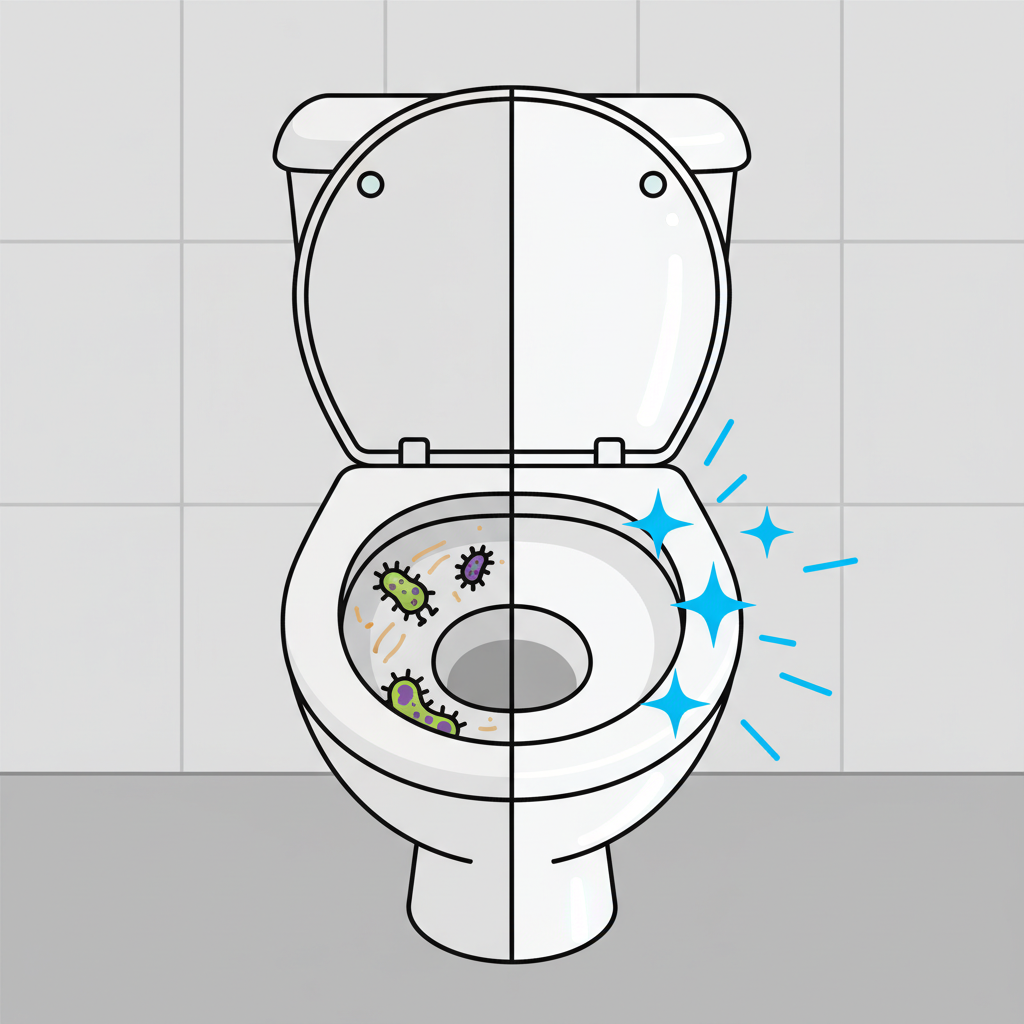 A vibrant, modern flat illustration depicting a pristine white toilet bowl. One side of the toilet bowl, representing an uncleaned state, shows stylized green and purple germ icons spreading, with subtle, light brown streaks indicating dirt and limescale build-up. The other side, representing a cleaned state, is sparkling clean, with bright blue and white stylized 'clean' sparkles emanating from the ceramic surface. The overall image conveys a clear contrast between an unhygienic and a thoroughly cleaned toilet, emphasizing the article's focus on cleanliness and germ removal. The background is a simple, clean bathroom wall. No text or words whatsoever.