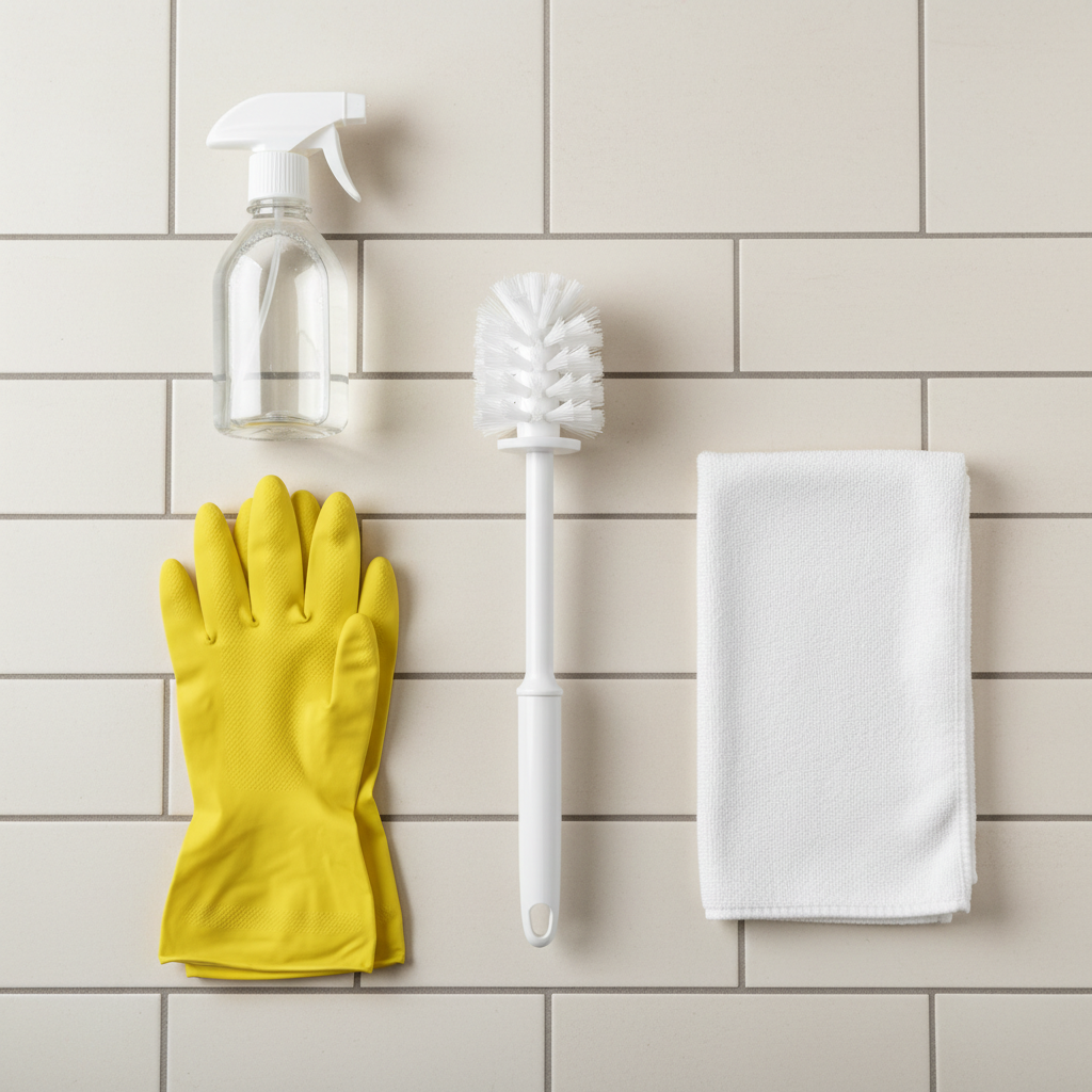 A professional, bright overhead shot or flat lay illustration of essential toilet cleaning supplies arranged neatly on a clean, light-colored bathroom counter or tiled surface. Prominently featured are a sturdy toilet brush with a clean handle, a pair of bright yellow rubber gloves, a generic, unlabeled spray bottle, and a folded white microfiber cleaning cloth. The composition should suggest readiness and organization for effective cleaning, with soft, even lighting to emphasize the cleanliness of the tools themselves. The focus is purely on the tools required for a successful cleaning routine, without any brand names or text.