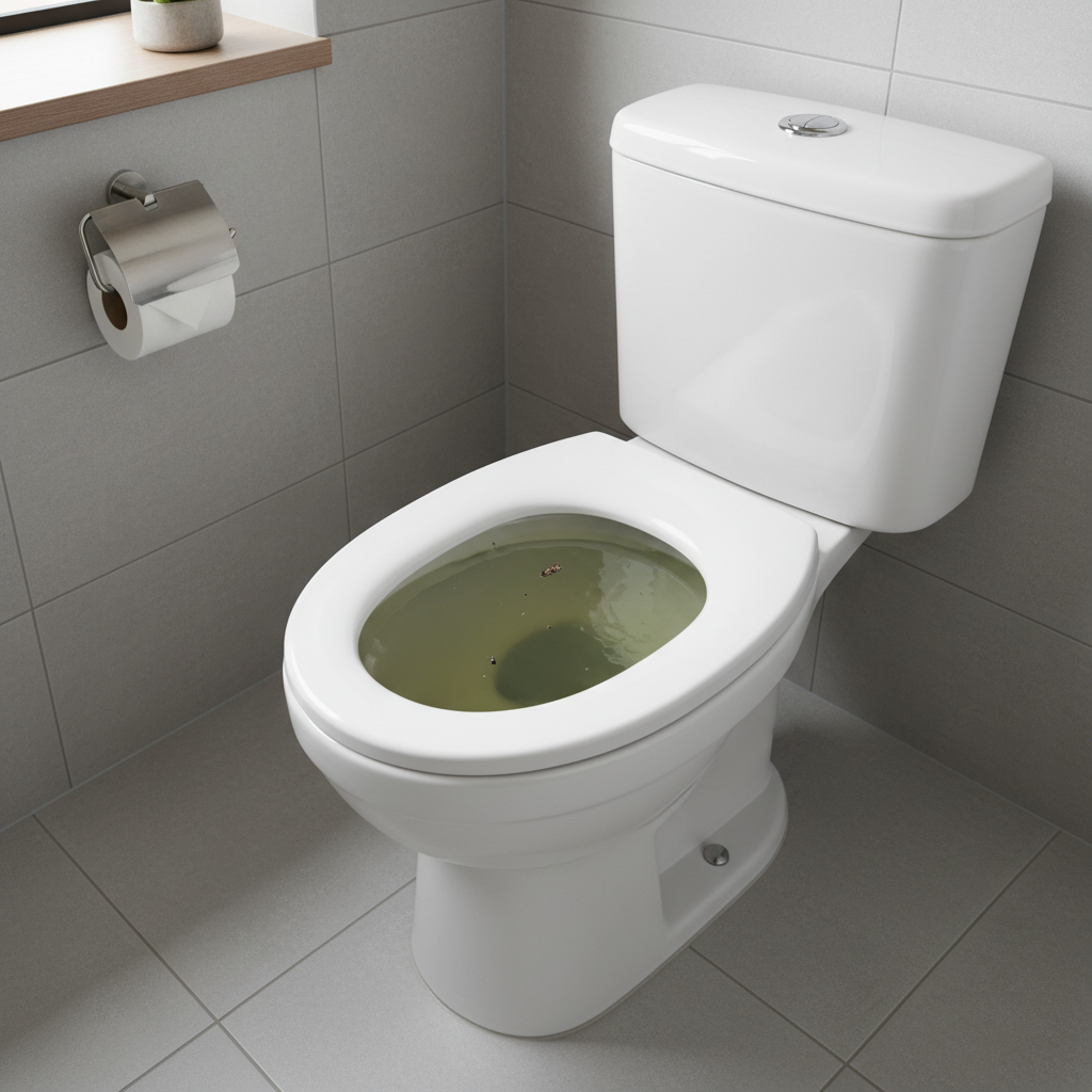 A professional, well-lit photo of a modern bathroom toilet with a visibly high, stagnant water level in the bowl, clearly indicating a severe clog. The water should appear slightly murky, contrasting with the clean white ceramic of the toilet. The overall scene should evoke a common household inconvenience, focusing on the toilet as the central, problematic element in a tidy, typical home bathroom setting. The lighting should be bright, highlighting the reflective surfaces and the distressed water level.