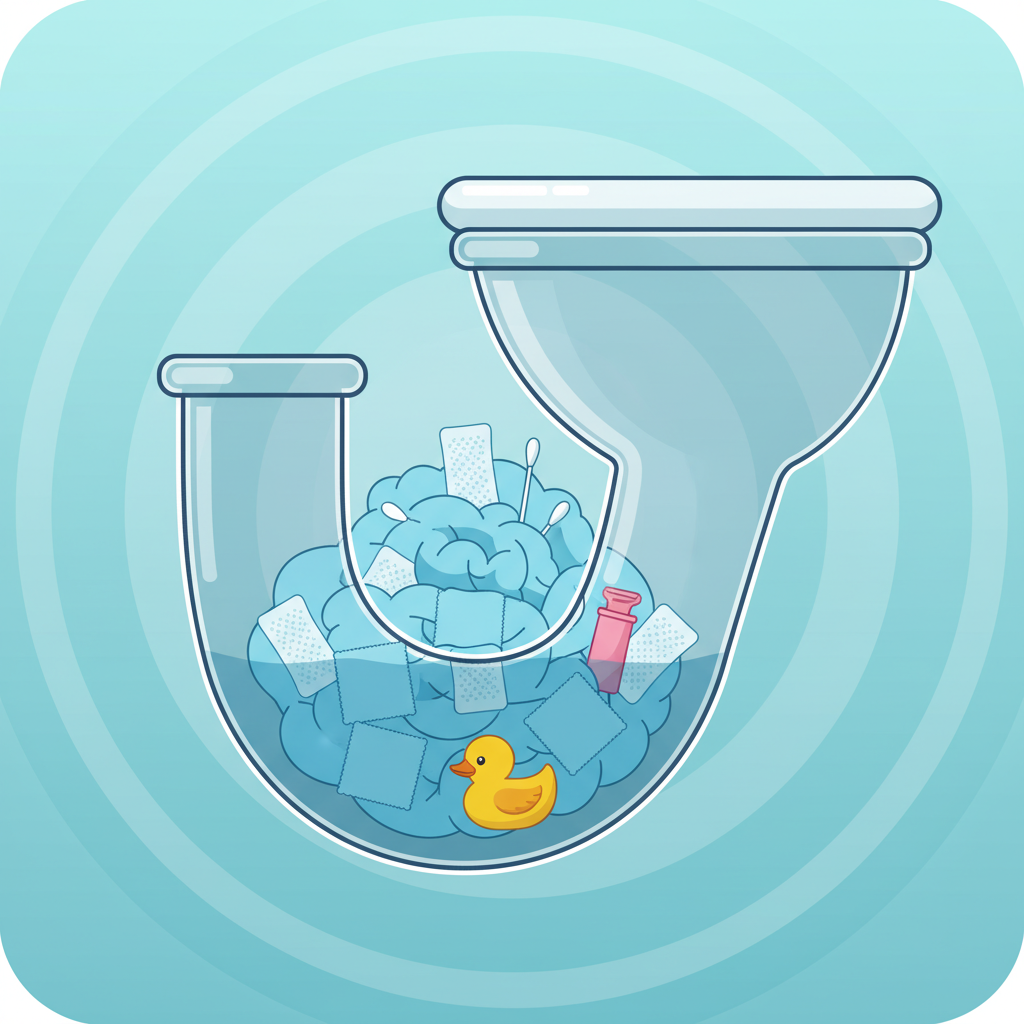 An infographic-style illustration depicting the common causes of a toilet clog. The image should feature a stylized, transparent cross-section of a toilet's S-bend or drain pipe, where various common foreign objects are visibly accumulating and creating a blockage. These objects should include a dense, crumpled mass of toilet paper, a few wet wipes, a personal hygiene item (e.g., cotton swab or small applicator), and a small, colorful plastic toy. The style should be clean, clear, and easy to understand, using a limited, complementary color palette.