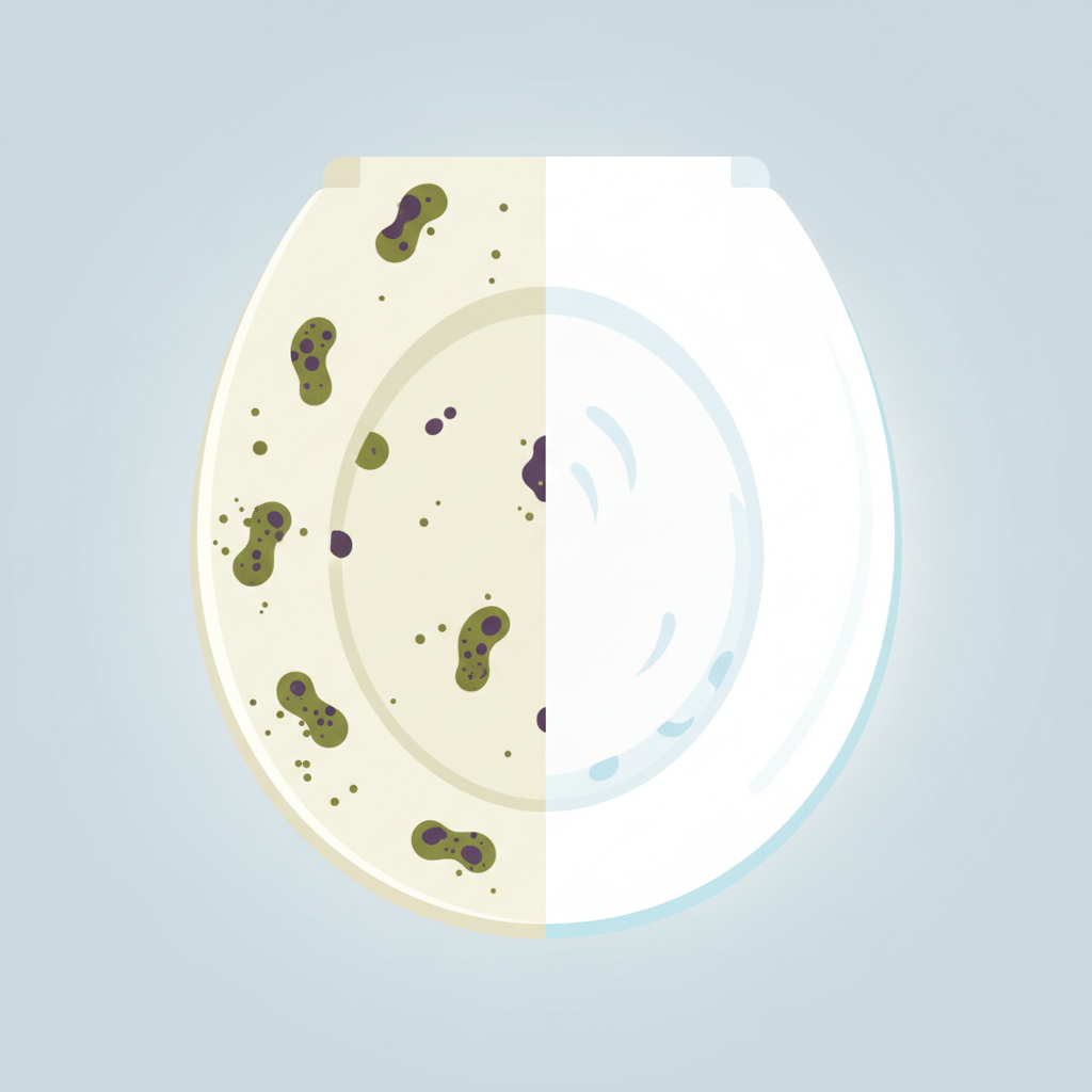 A modern, clean flat illustration depicting a toilet seat split into two distinct halves. The left half shows a slightly discolored, dull surface, subtly covered with stylized, illustrative microscopic bacteria and germs in muted greens and purples, conveying unseen dirt. The right half is pristine, sparkling white, with subtle light reflections and small, abstract elements suggesting cleanliness and freshness, perhaps a faint blue glow. The overall image emphasizes the visual contrast between an unhygienic surface and a perfectly cleaned, sanitized one, highlighting the importance of thorough cleaning.