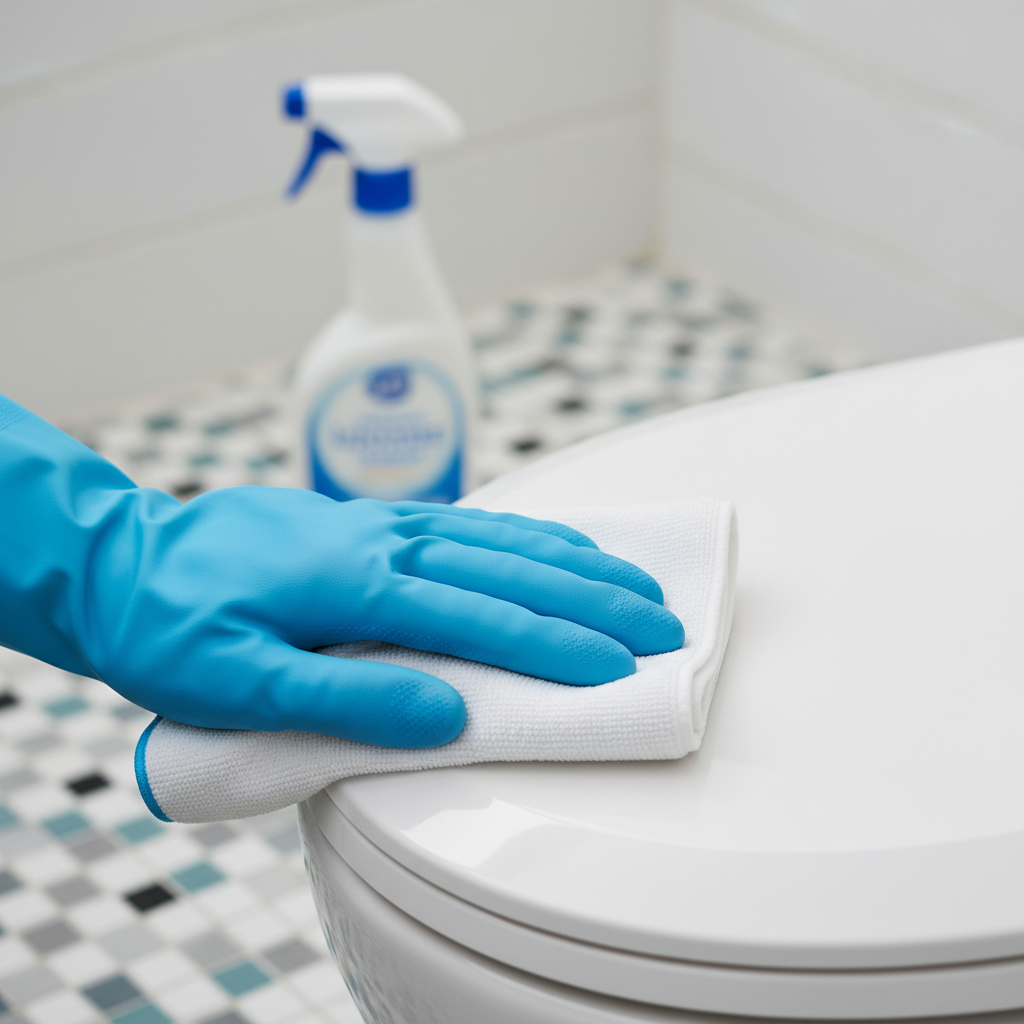 A professional, bright photograph from a slightly elevated angle, focusing on a hand in a vibrant blue rubber cleaning glove actively wiping down a white toilet seat with a soft, clean microfiber cloth. The toilet seat surface being wiped should show a gentle sheen. In the background, slightly out of focus, a generic bottle of bathroom cleaner or disinfectant spray stands on a tiled surface. The composition should convey a sense of diligent action, hygiene, and effectiveness, with excellent lighting highlighting the clean lines and textures.