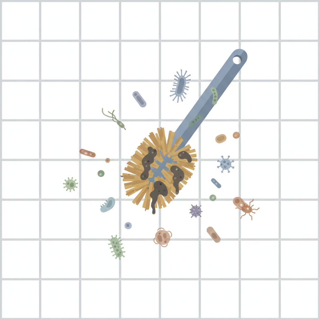 A conceptual flat illustration depicting a dirty toilet brush with visibly discolored bristles and some embedded residue. Surrounding the brush, small, stylized representations of bacteria, viruses, and fungi are subtly emanating outwards, suggesting their potential spread. The background is a clean, minimalist bathroom tile pattern, creating a stark contrast. The overall mood should be informative but slightly cautionary, emphasizing the unseen dangers of a neglected toilet brush, using a soft, approachable color palette.