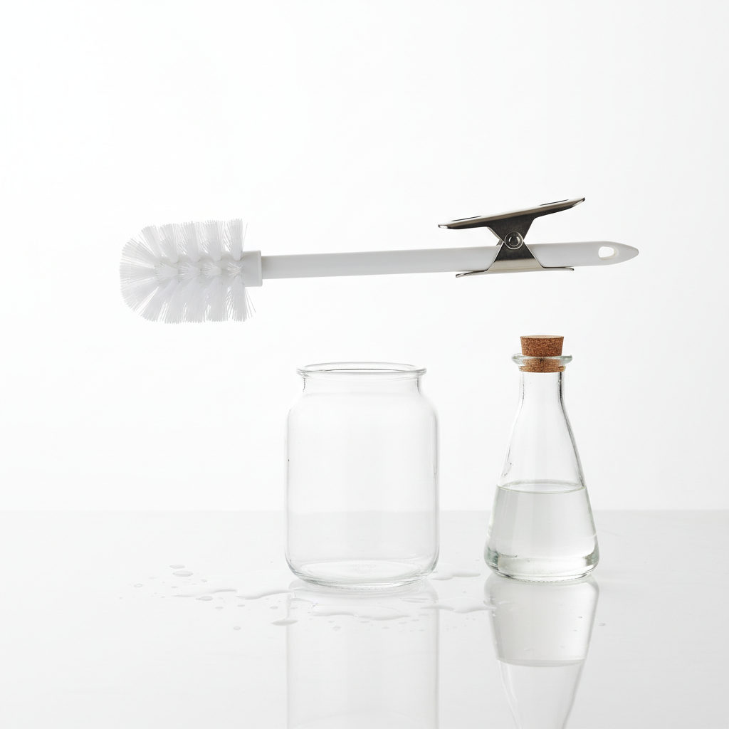 A bright, professional studio photograph showcasing the initial setup for cleaning a toilet brush with vinegar. The scene features a clean, modern toilet brush removed from its holder, positioned next to a transparent glass container (like a jar or small bucket) ready to be filled. A bottle of clear liquid, symbolizing vinegar, is placed nearby, suggesting its use in the cleaning process. The lighting is soft and even, highlighting cleanliness and the readiness for action. The image should convey simplicity and effectiveness.