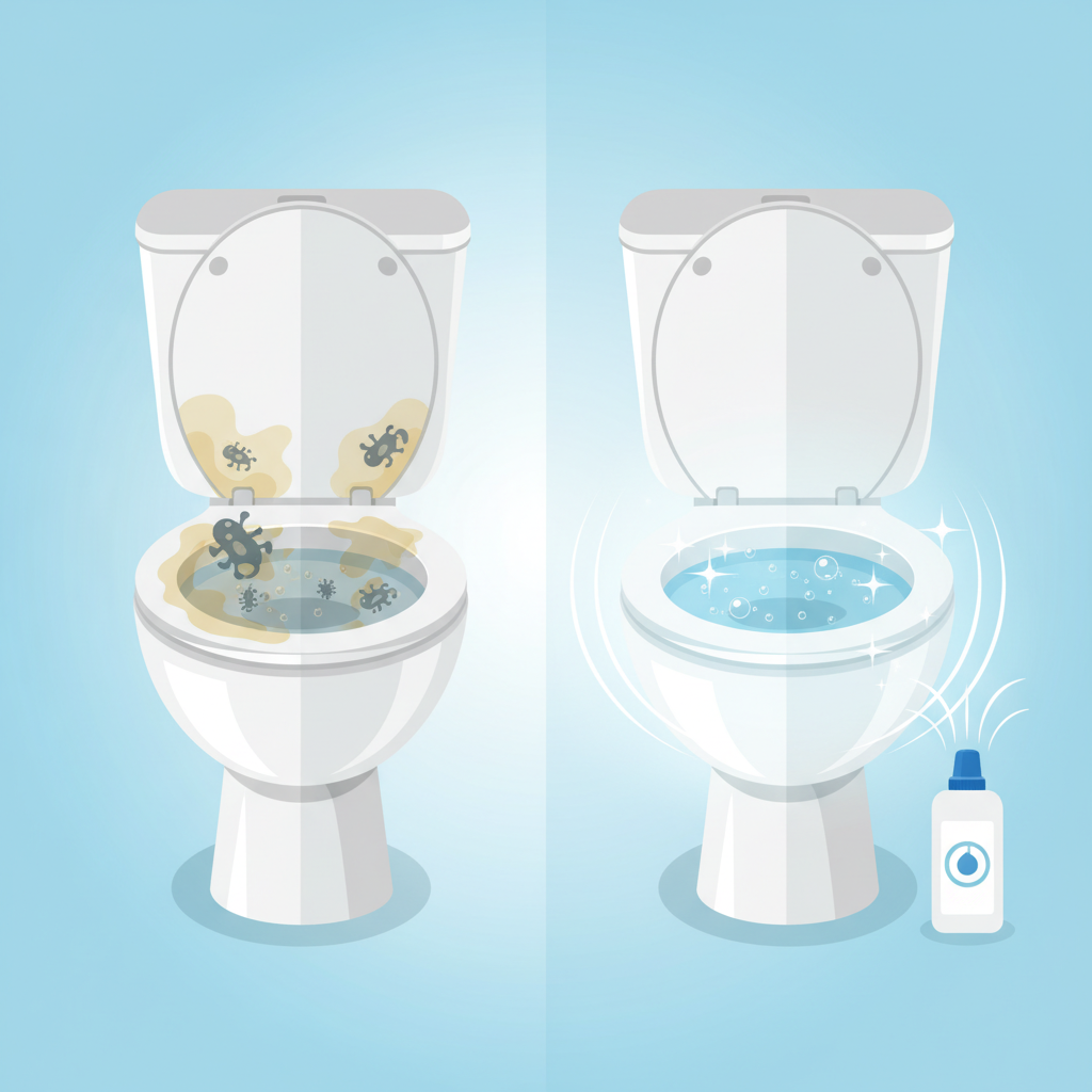 A vibrant, clean flat illustration showing a split-screen view of a toilet bowl. On the left side, the toilet bowl appears visibly stained with abstract, muted yellow and brown marks, and a subtle overlay of stylized, dark, ominous-looking germs or bacteria. On the right side, the same toilet bowl is gleaming pristine white, with sparkling clean water and small, effervescent bubbles, representing freshness and hygiene. A generic, minimalist cleaning product bottle is subtly placed on the 'clean' side, with dynamic lines or a gentle glow suggesting its powerful cleaning action. The overall aesthetic is bright, professional, and emphasizes transformation.