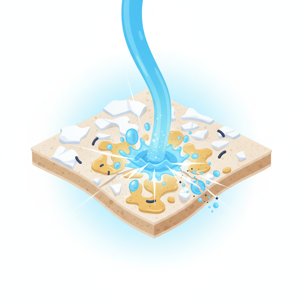 A dynamic, infographic-style illustration depicting the multifaceted action of a toilet cleaner. The image features a stylized cross-section or close-up view of a toilet bowl surface, highlighting various types of contaminants: rough, white calcified patches representing limescale; yellowish, amorphous blobs signifying urine scale; and tiny, dark, stylized bacteria shapes scattered across the surface. From above, a stream of generic, vibrant blue cleaning liquid is actively descending onto these contaminants, depicted with energetic dissolving effects or bursting bubbles, symbolizing their breakdown. The background is clean and bright, enhancing the visual clarity and scientific feel of the cleaning process.