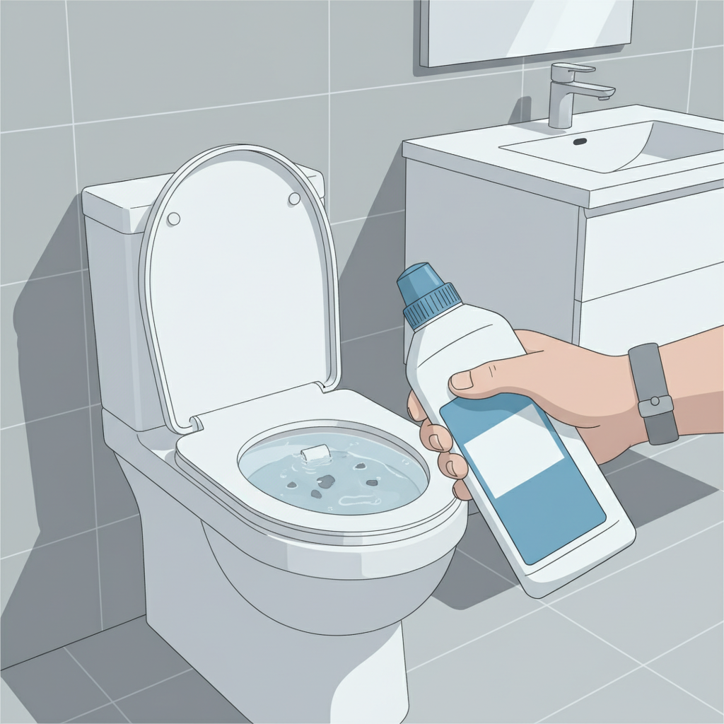 A domestic bathroom setting. A white ceramic toilet bowl is clearly depicted with water standing high, indicating a persistent clog. In the foreground, a human hand is reaching for or holding a generic white plastic bottle resembling a bleach cleaner, suggesting a common but potentially misguided impulse. The overall mood should convey mild frustration but also a sense of seeking a quick, immediate solution. Realistic, slightly stylized digital illustration with clear, clean lines and a modern, slightly desaturated color palette. Focus on cleanliness of the bathroom environment despite the visible clog.