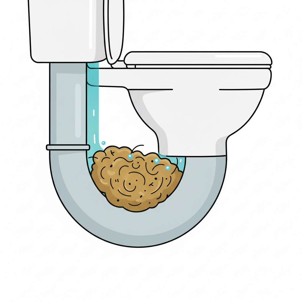 A detailed cutaway illustration of a toilet drain pipe. Inside the pipe, a dense, stubborn blockage, composed of compacted organic material like toilet paper and possibly hair, is clearly visible. A stream of liquid, representing a chemical cleaner, is pouring down the pipe, making contact with the blockage. The liquid is depicted as primarily flowing around the solid obstruction or having only a minimal, superficial effect on its surface, indicating its limited efficacy against tough clogs. Clean, illustrative infographic style with a clear distinction between the pipe material, the clog's texture, and the flowing liquid.
