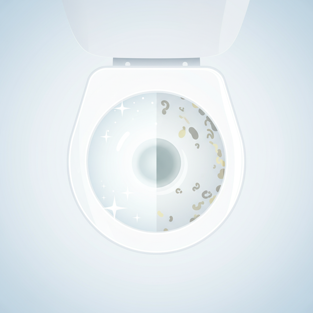 A gleaming, pristine white toilet bowl shown from a slightly elevated, slightly abstract angle. One side of the bowl is sparkling brilliantly with subtle light reflections and small, stylized 'sparkle' icons emanating from its surface, symbolizing extreme cleanliness and hygiene. The other side, subtly delineated, shows very faint, stylized grey or greenish-brown abstract shapes representing dirt, limescale, or 'germ' particles clinging to the surface. The overall impression is a stark, visually appealing contrast between unhygienic and perfectly clean. Style: Clean, modern 3D render or high-quality digital illustration with a slightly minimalistic aesthetic, emphasizing bright white and subtle accent colors.