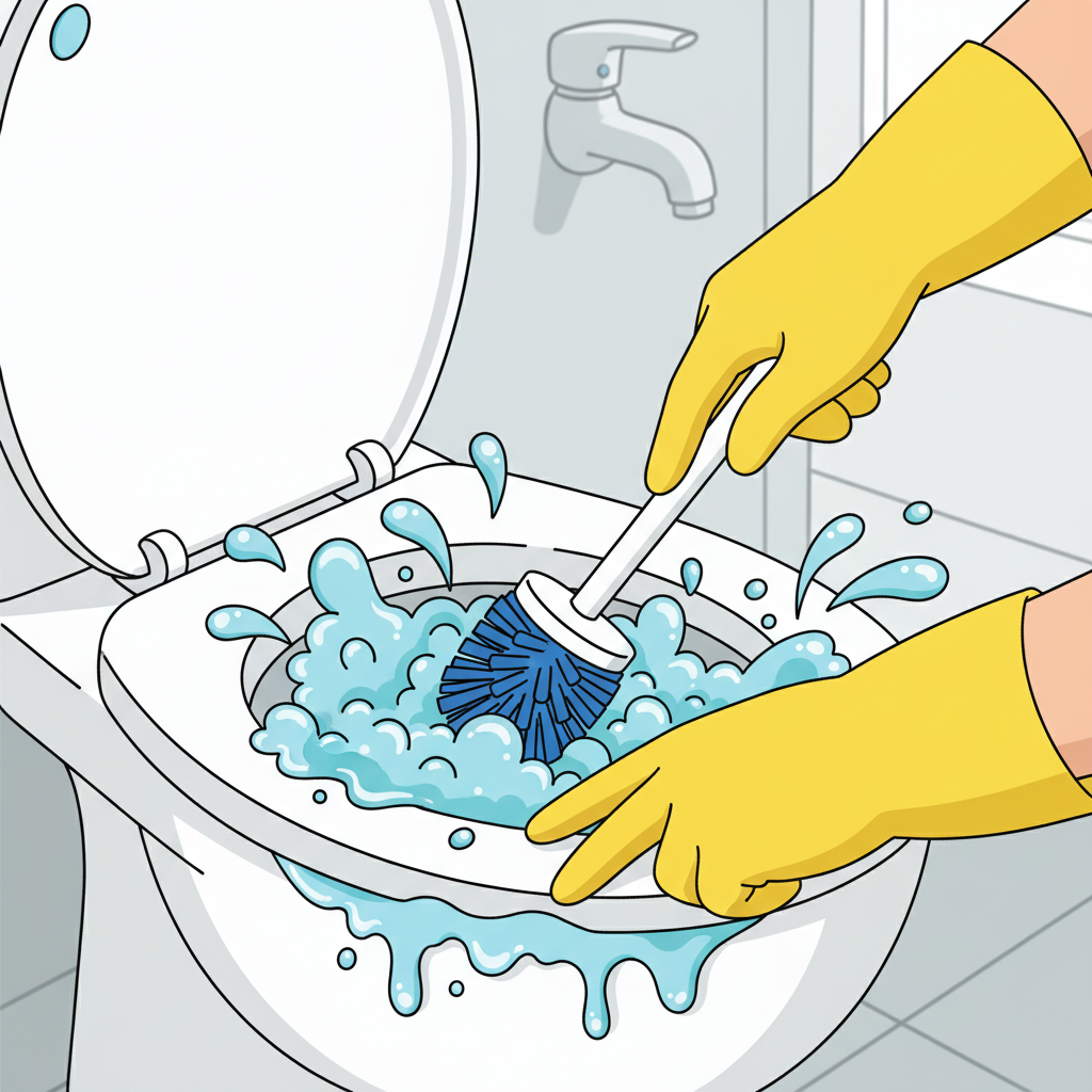 A close-up, dynamic shot of gloved hands (wearing bright yellow rubber gloves) actively cleaning the inside of a toilet bowl with a white and blue toilet brush. A stylized, frothy blue or green cleaning liquid is visibly clinging to the ceramic surface and being agitated by the brush, creating subtle, artistic 'splashes' or 'bubble' effects. The focus is on the cleaning action, with the water line and the area under the rim clearly targeted. The background is a blurred, clean bathroom setting, ensuring the cleaning process remains the central visual element. Style: Vibrant flat illustration with strong, clean lines and a friendly, accessible feel, perfect for a step-by-step guide.