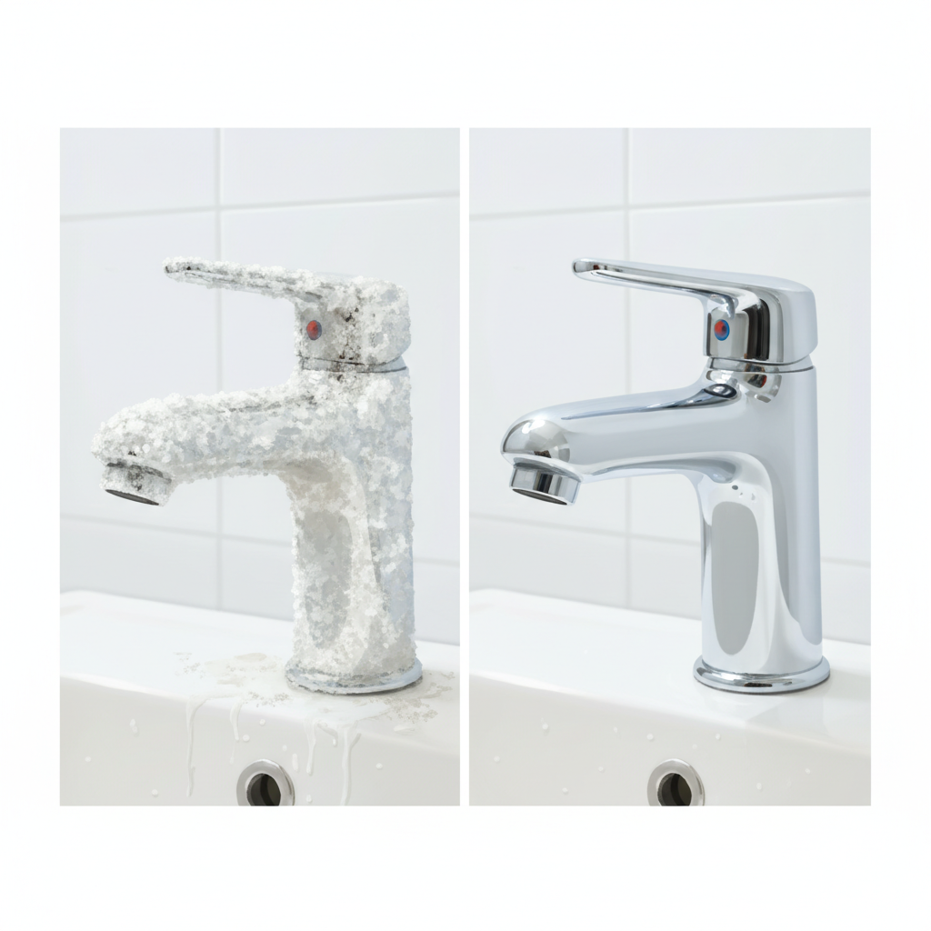A visually impactful illustration showcasing the transformation of a bathroom faucet. On one side, depict a chrome faucet heavily encrusted with thick, rough, white limescale deposits, appearing dull and unsightly. On the other side, show the identical faucet sparkling clean and polished, completely free of any mineral buildup. The background is a bright, minimalist bathroom setting. The style should be a realistic, high-definition digital painting, emphasizing both the grimy texture of the limescale and the smooth, reflective shine of the clean chrome.