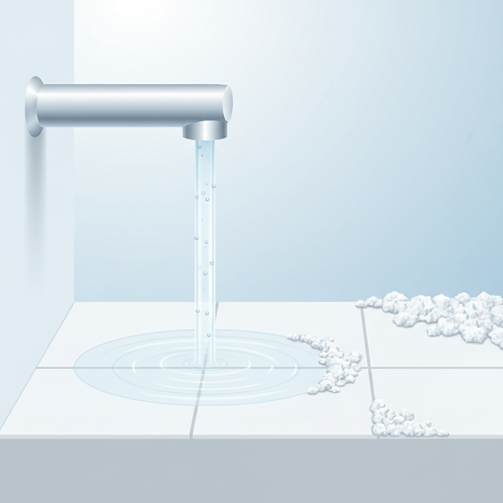 An illustrative scene explaining the formation of limescale. Show a stream of clear water flowing from a modern faucet onto a ceramic tile surface. Within the water, subtly depict tiny, almost invisible mineral particles (representing calcium and magnesium). As a water droplet on the tile surface evaporates, illustrate these particles being left behind, gradually accumulating and coalescing into visible, white, crusty limescale deposits over time. The overall style should be a clean, modern vector illustration or a smooth 3D render, with a focus on scientific clarity and visual flow.