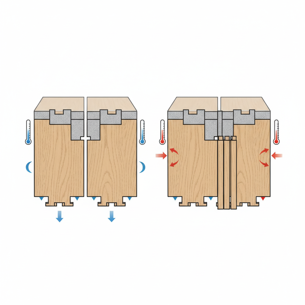 A detailed, cutaway illustration showing a section of laminate flooring. On the left side, the planks are depicted slightly contracted with subtle blue temperature indicators (like a thermometer dropping), with small gaps between them. On the right side, the planks are shown slightly expanded with subtle red temperature indicators (like a thermometer rising), with edges touching or pressing slightly. Arrows indicate the movement of the planks (contraction/expansion). Style: Clean, infographic-style technical drawing with clear visual cues.