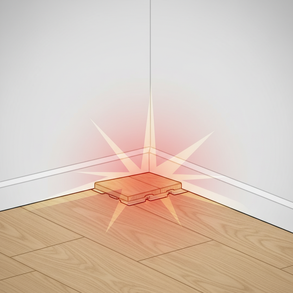 A close-up, cutaway view of a room corner where laminate flooring meets a wall. The laminate planks are visibly pushing tightly against the baseboard or wall, creating a slight bulge or pressure point. A subtle red or orange glow/gradient emanates from the point of contact, symbolizing stress and friction. The floor appears to have no expansion gap. Style: Technical illustration, focusing on material interaction, with a realistic but slightly exaggerated visual effect of pressure.