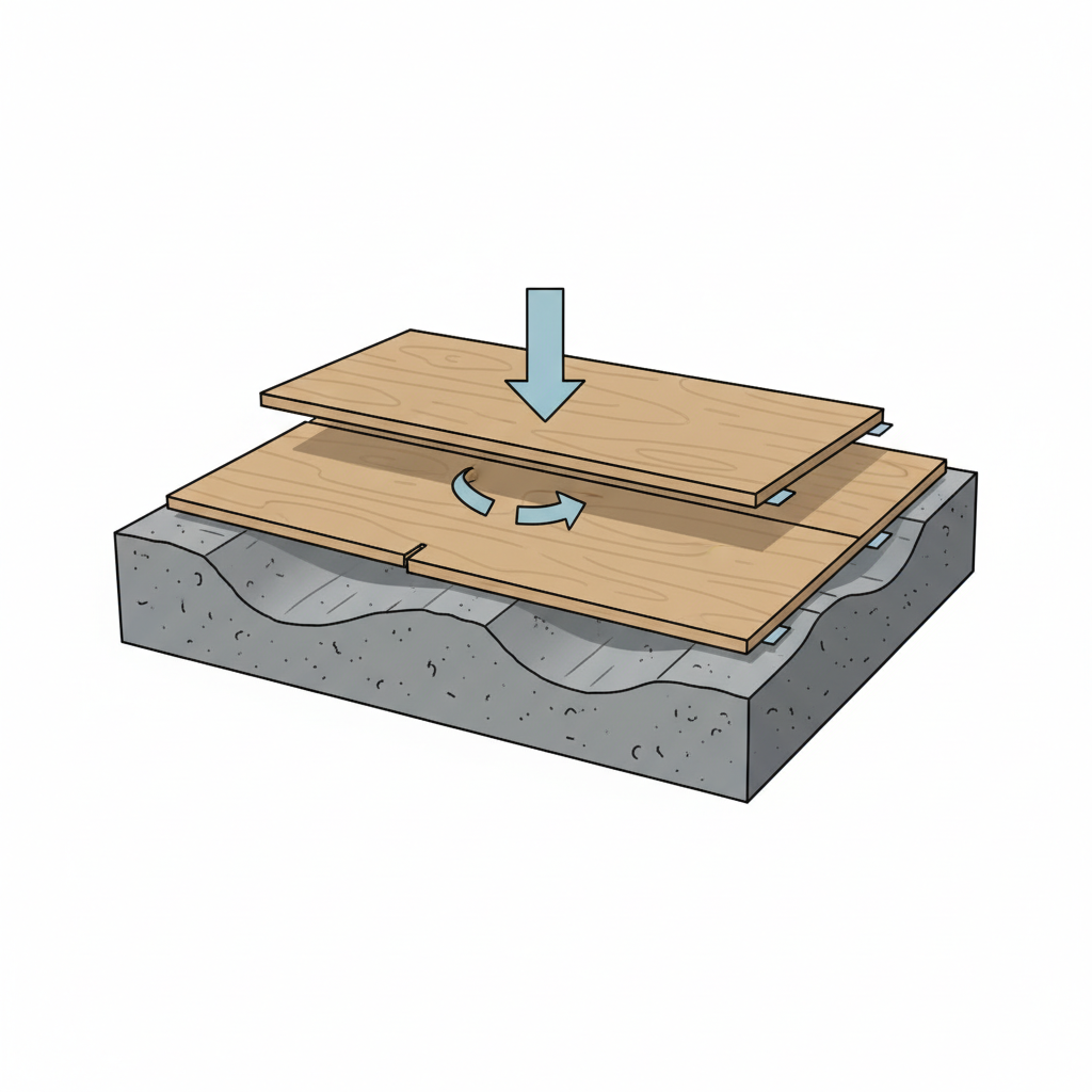 A cross-section diagram showing several laminate planks laid over an uneven subfloor. The subfloor is depicted with visible undulations and dips. Some laminate planks are clearly unsupported in certain areas, creating small gaps between the plank underside and the subfloor, while other parts are under direct pressure, indicated by subtle contact points. Arrows could show potential downward movement when weight is applied. Style: Clear, simplified diagrammatic illustration, emphasizing structural issues, possibly with a cutaway view.