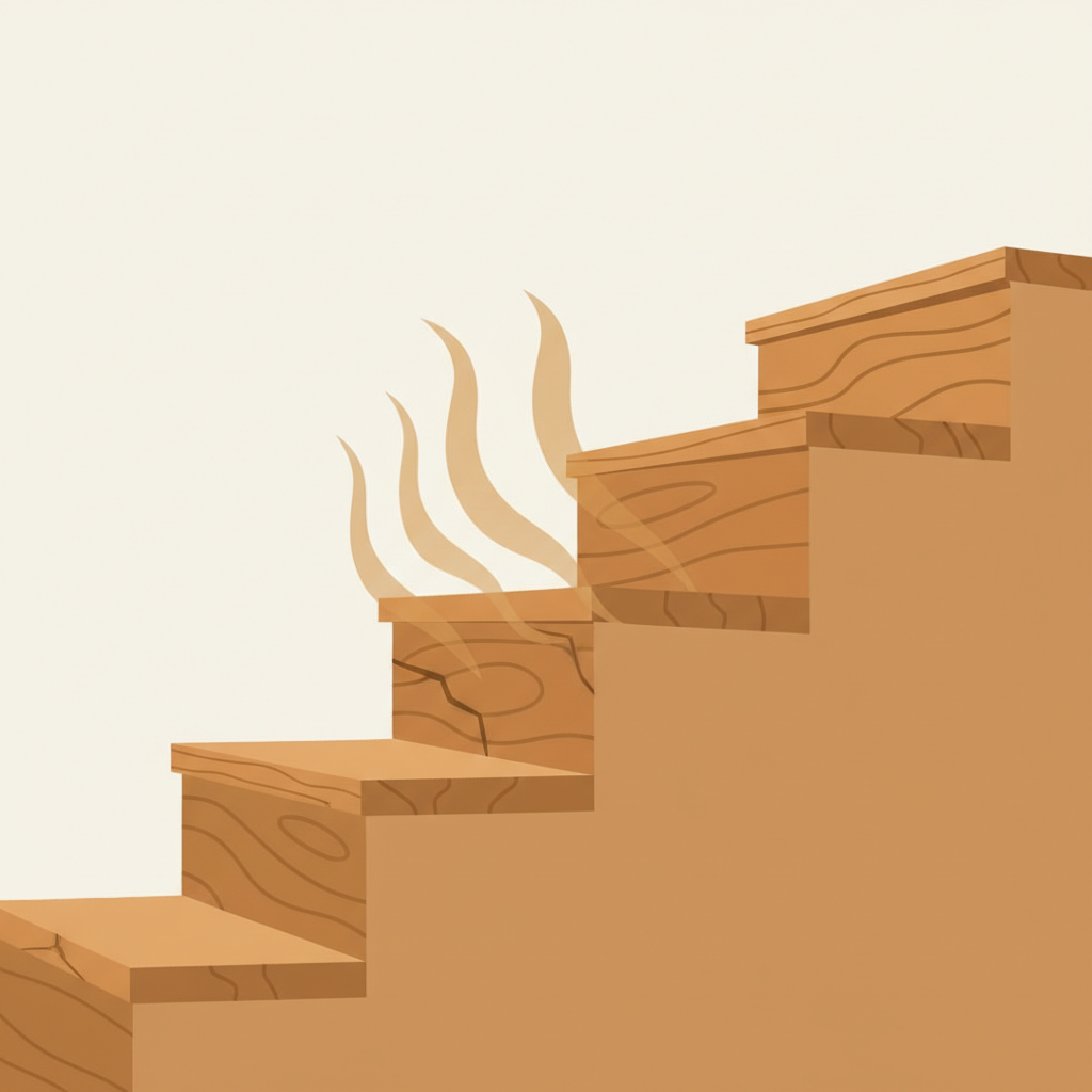 A stylized, minimalist illustration of a wooden staircase. Abstract, wavy sound lines or subtle vibrations should emanate from beneath a step, visually representing the creaking sound. The staircase should appear slightly distressed or under subtle stress, with a clean, modern aesthetic. The focus is on the auditory nuisance and the underlying structural hint, using warm, natural wood tones against a neutral background.