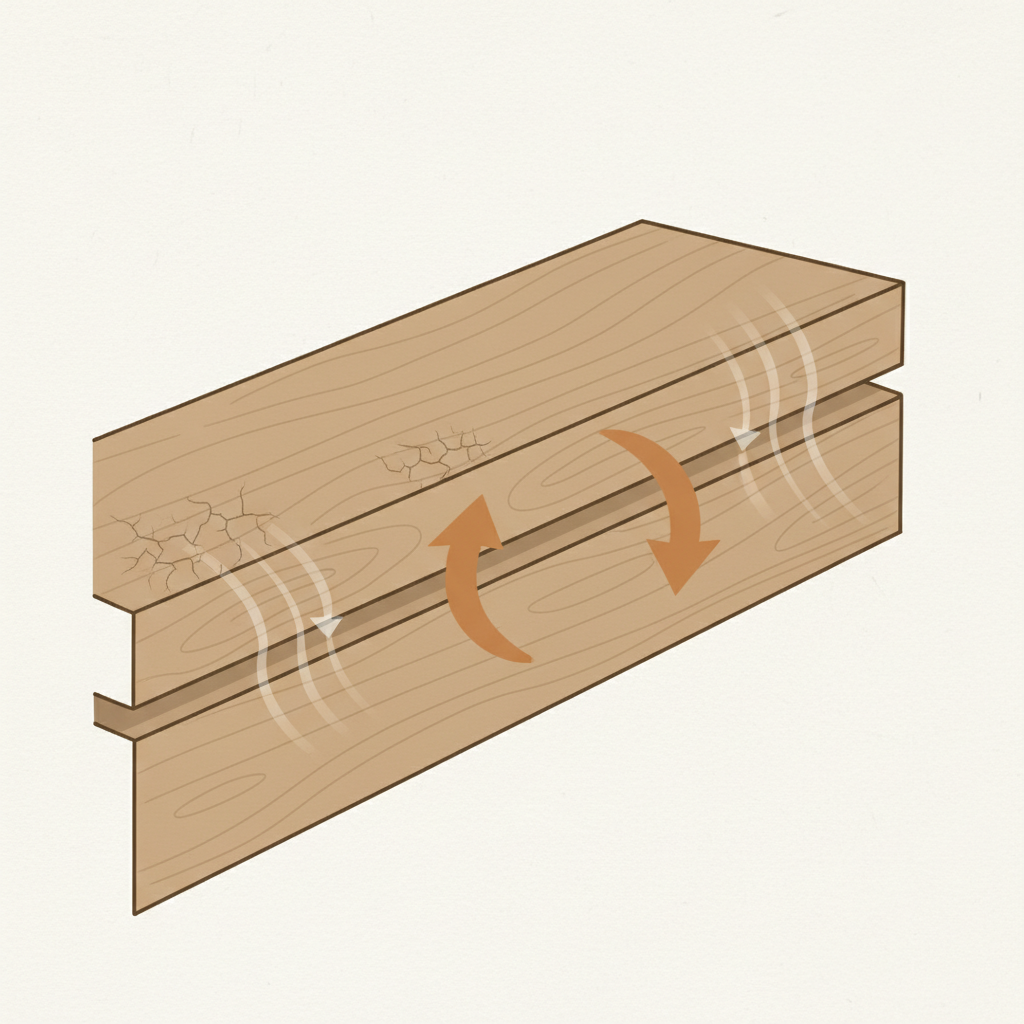 An infographic-style cutaway illustration of a wooden stair tread and riser connection. Show subtle gaps forming between the adjacent wooden components. Arrows indicate slight shifting or rubbing movement when pressure is applied to the step. Integrate a visual metaphor for dryness, like faint wavy lines representing low humidity or slightly parched wood texture. Use a clear, educational diagrammatic style with natural wood colors.