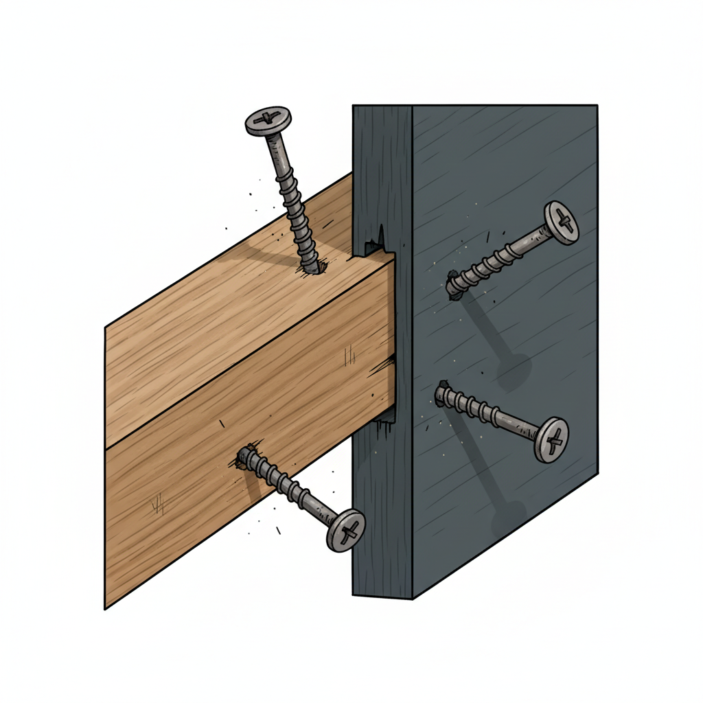 A detailed technical illustration focusing on a common stair joint, such as where a wooden tread meets a stringer or riser. Clearly depict common fasteners like screws or nails, but show them slightly pulled out or loosened from their original position. Highlight with subtle visual cues (e.g., slight gaps, small friction marks) the resulting movement and potential for rubbing between the wood pieces. Professional, realistic vector art style.