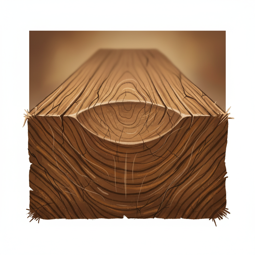 A close-up, slightly exaggerated cross-section or side view of a well-worn wooden stair tread. Illustrate subtle signs of material fatigue: hairline cracks along the grain, a slight depression in the center of the tread where foot traffic is heaviest, or minor splintering at the edges. Incorporate visual elements suggesting internal tension within the wood, perhaps subtle stress lines or a barely perceptible distortion, in a warm, textured wood illustration style.