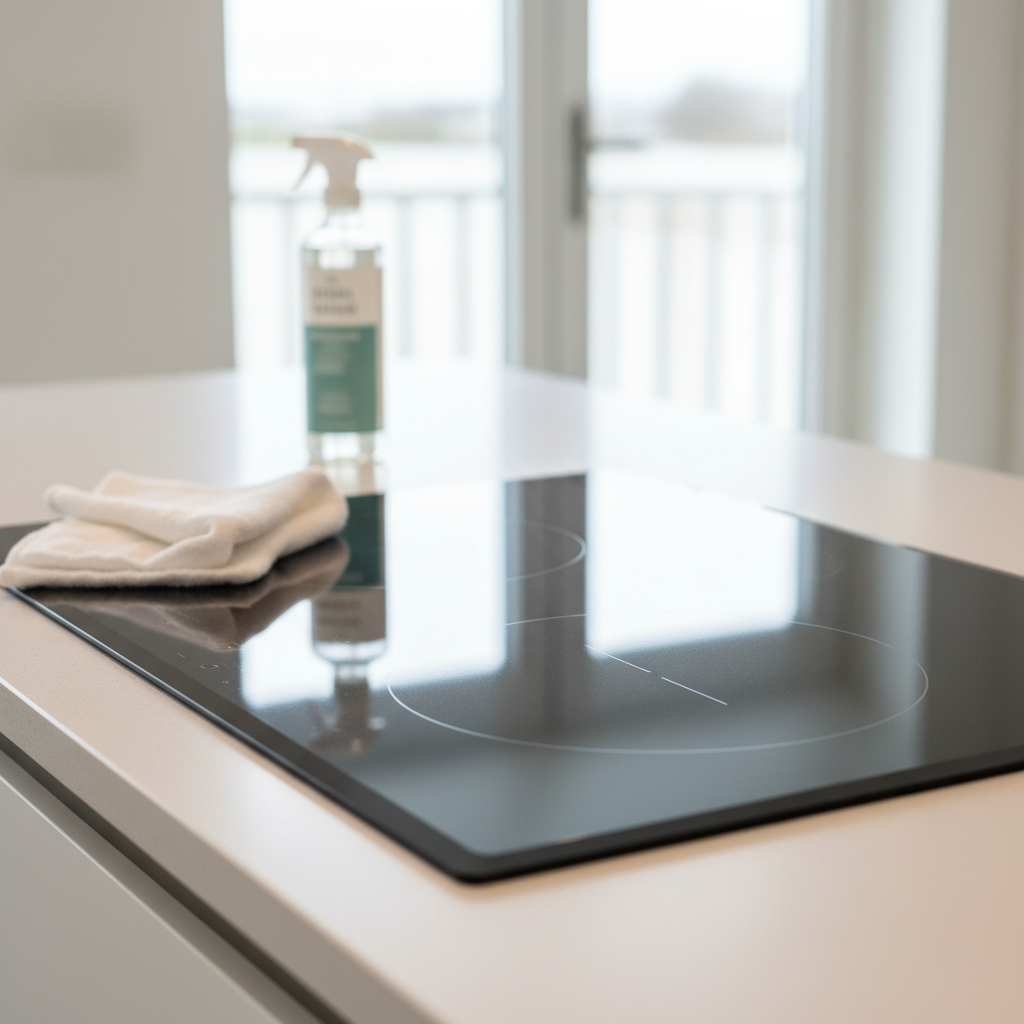 A professional, bright product photograph showcasing a pristine, sparkling clean induction stovetop set into a modern kitchen countertop. The black glossy surface of the hob reflects subtle light, emphasizing its immaculate shine. A clean, soft microfiber cloth is neatly folded beside it, with a small, elegant bottle of eco-friendly stovetop cleaner visible in the background, out of focus. The overall impression is one of effortless cleanliness and hygiene in a contemporary kitchen setting.