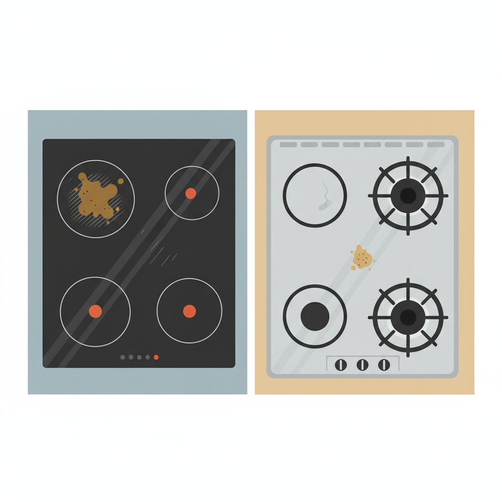 A detailed flat illustration depicting a side-by-side comparison of three different stovetop types. The left panel shows a sleek glass-ceramic (Ceran) hob with a stylized, subtly burnt-on food residue. The middle panel features a clean induction stovetop with a faint, almost invisible scratch mark or smudge. The right panel illustrates a gas stovetop with a removable grate, showing a small, stylized splash of dried food near the burner. Each panel highlights the specific material and common cleaning challenge, rendered with clean lines and a modern color palette.