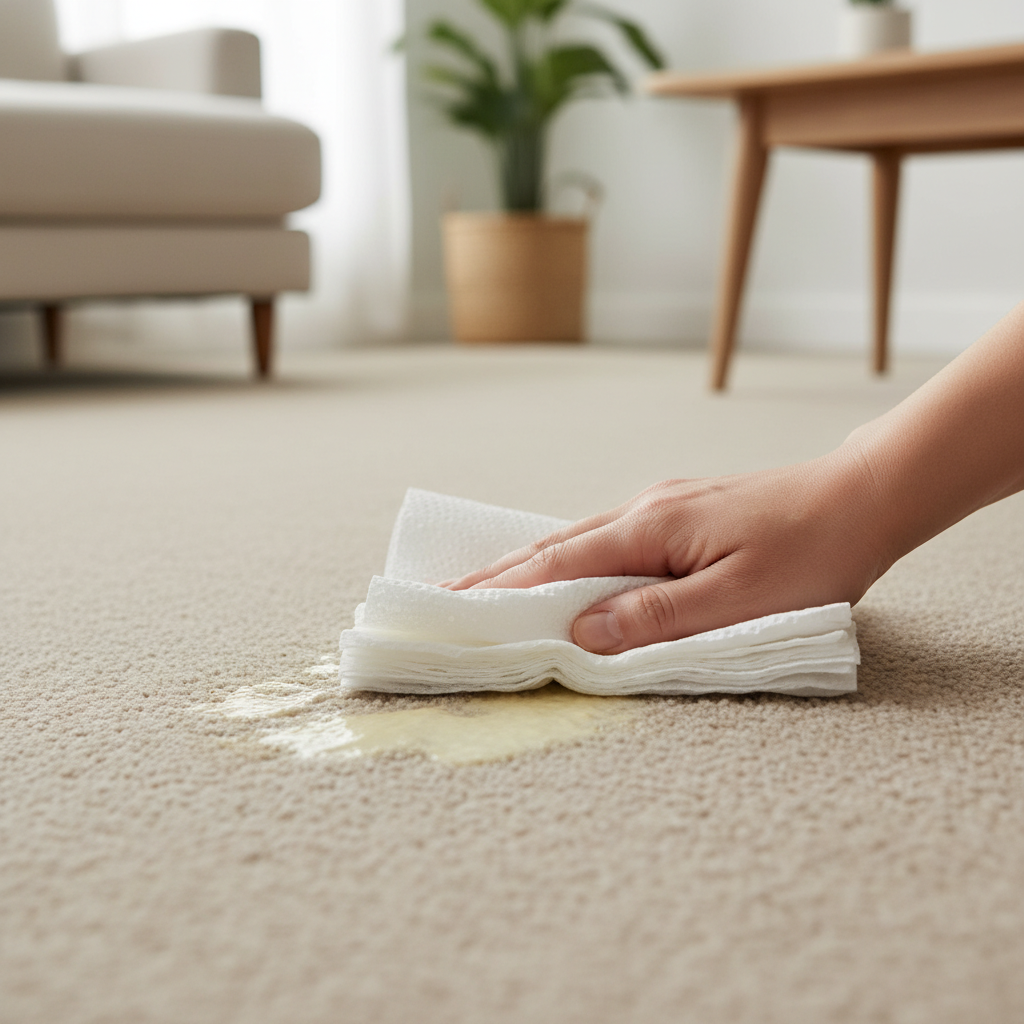 A close-up, high-angle professional photo showing a hand carefully dabbing a fresh, light-colored vomit stain on a beige, short-pile carpet with a stack of clean, white paper towels. The focus is on the absorbent action, with the paper towels visibly picking up moisture from the stain. The background is slightly blurred, hinting at a modern living room setting. The lighting is bright and natural, emphasizing cleanliness and the gentle, effective removal process.