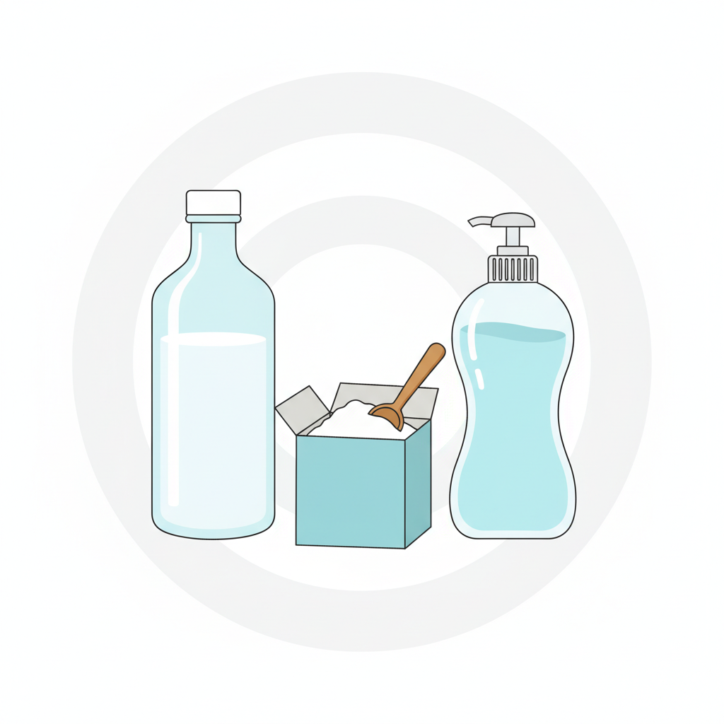 A vibrant, clean flat illustration showcasing three essential household items for carpet stain removal. On a minimalist background, clearly depicted are a bottle of white vinegar, a small open box or bowl of baking soda powder, and a generic bottle of mild dish soap. Each item is distinct and visually recognizable. The overall composition is neat and uncluttered, implying easy and accessible solutions, without any brand specifics.