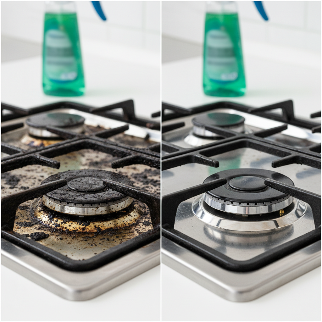 A professional split-screen photo showing the dramatic before-and-after effect of a powerful cleaner on kitchen grease. On the left, a heavily caked kitchen stovetop burner, covered in thick, dark, encrusted grease and burnt food residues. The surface looks dull and neglected. On the right, the exact same stovetop burner is sparkling clean, highly reflective, and appears brand new, with a subtle sheen of cleanliness. A generic, sleek, green-blue cleaning spray bottle is visible in the background, out of focus, subtly suggesting the product used for the transformation. The overall impression should be one of impressive cleaning power and restoration.